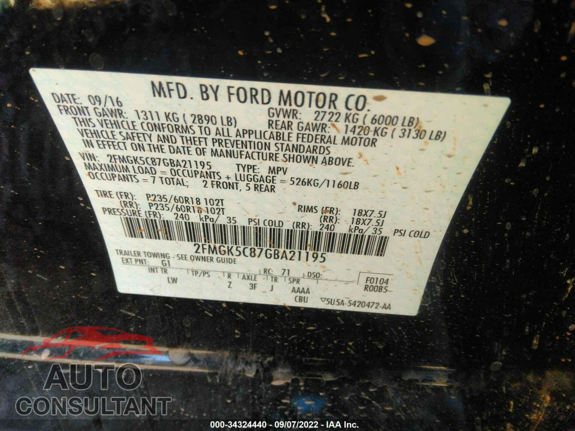 FORD FLEX 2016 - 2FMGK5C87GBA21195