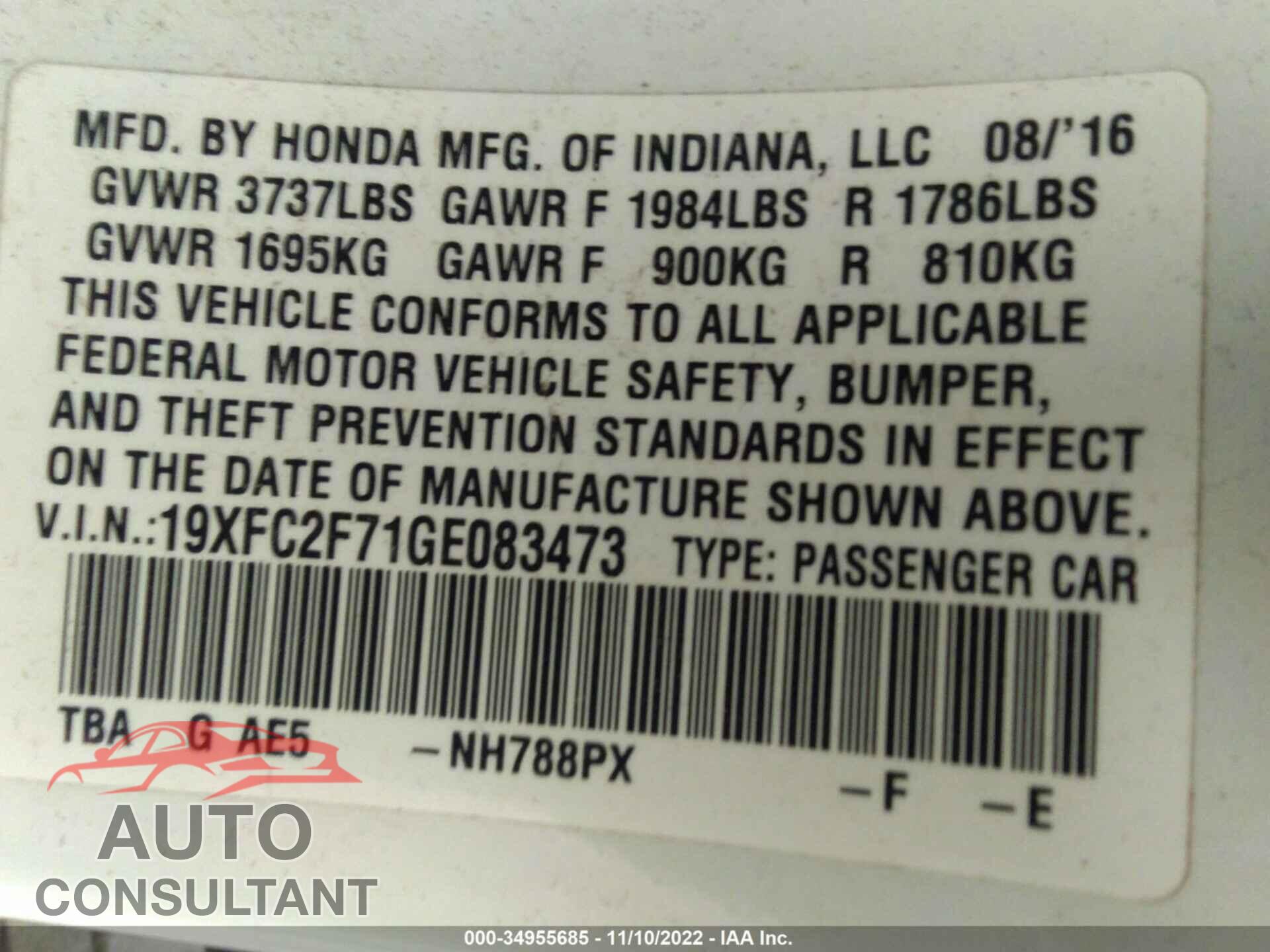 HONDA CIVIC SEDAN 2016 - 19XFC2F71GE083473