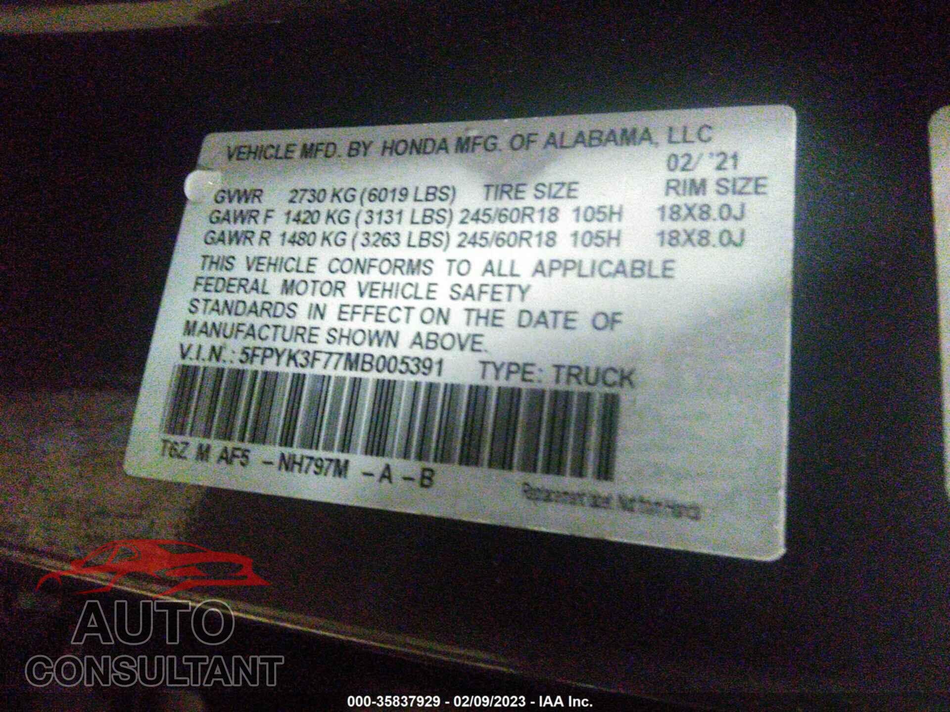 HONDA RIDGELINE 2021 - 5FPYK3F77MB005391