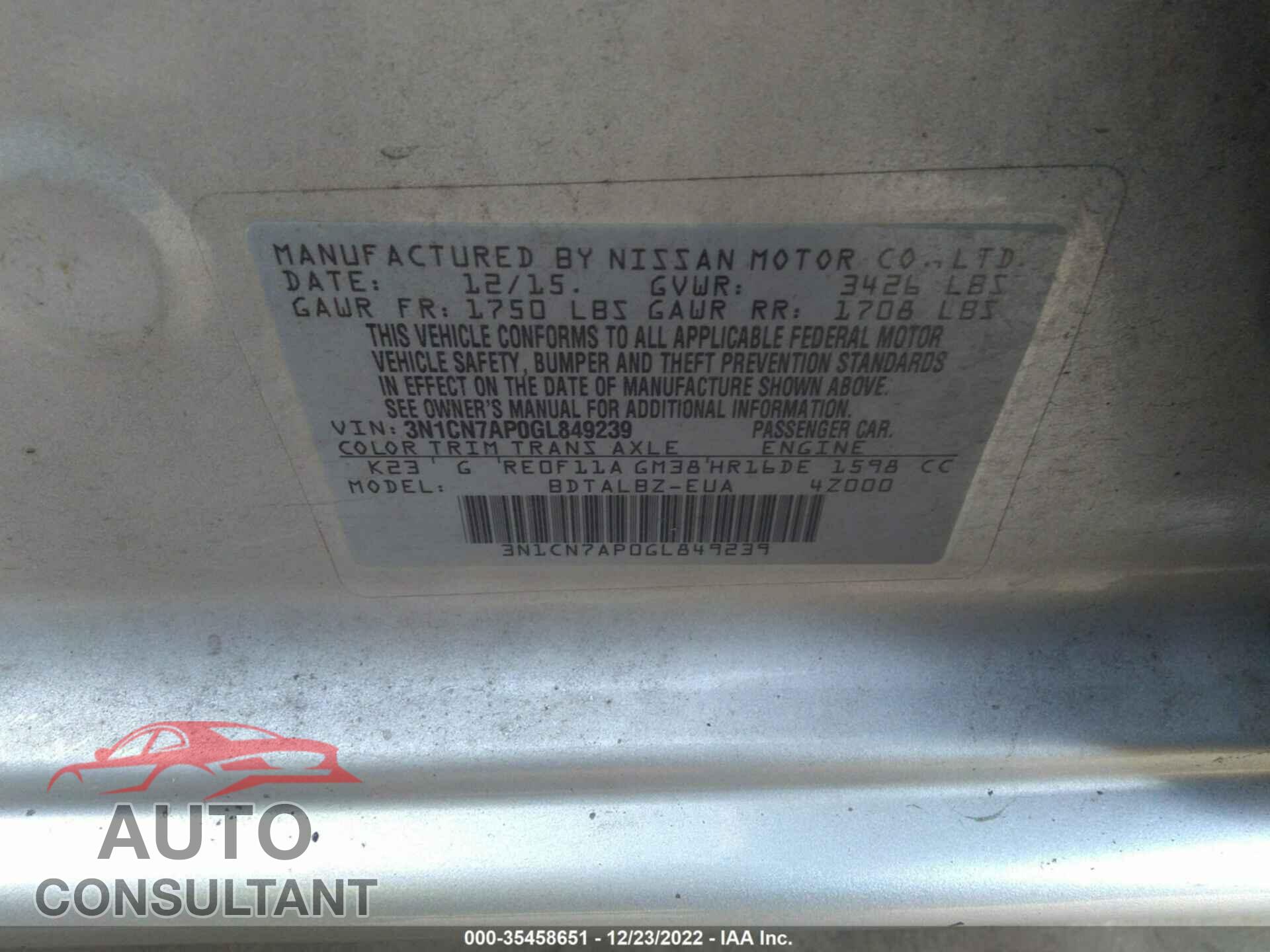 NISSAN VERSA 2016 - 3N1CN7AP0GL849239