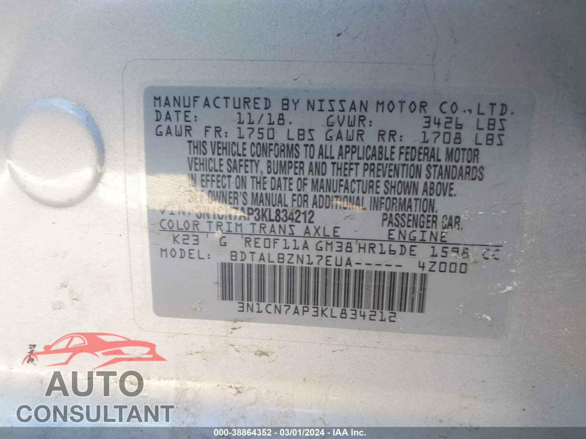 NISSAN VERSA 2019 - 3N1CN7AP3KL834212