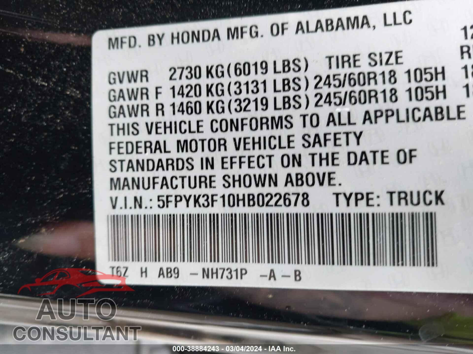 HONDA RIDGELINE 2017 - 5FPYK3F10HB022678