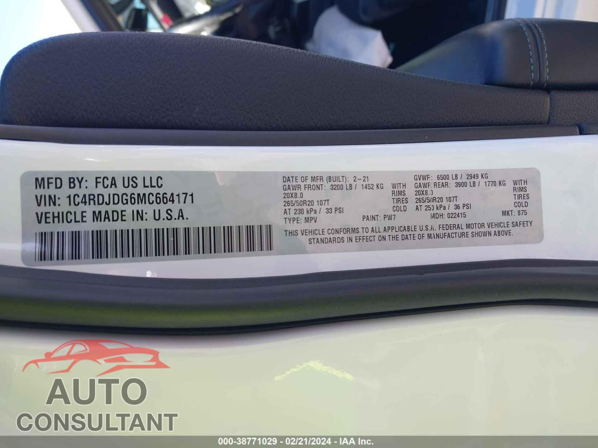 DODGE DURANGO 2021 - 1C4RDJDG6MC664171