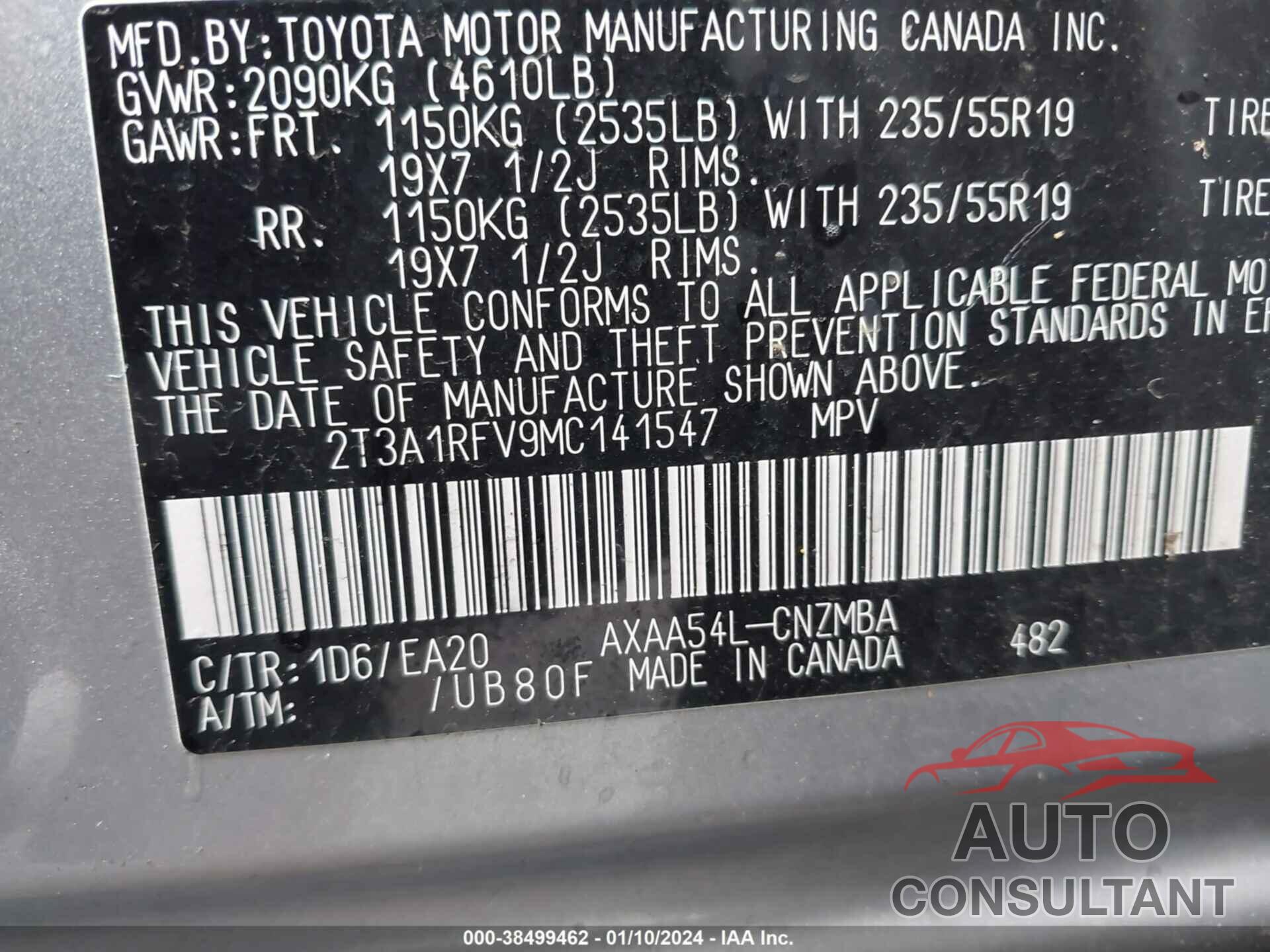 TOYOTA RAV4 2021 - 2T3A1RFV9MC141547