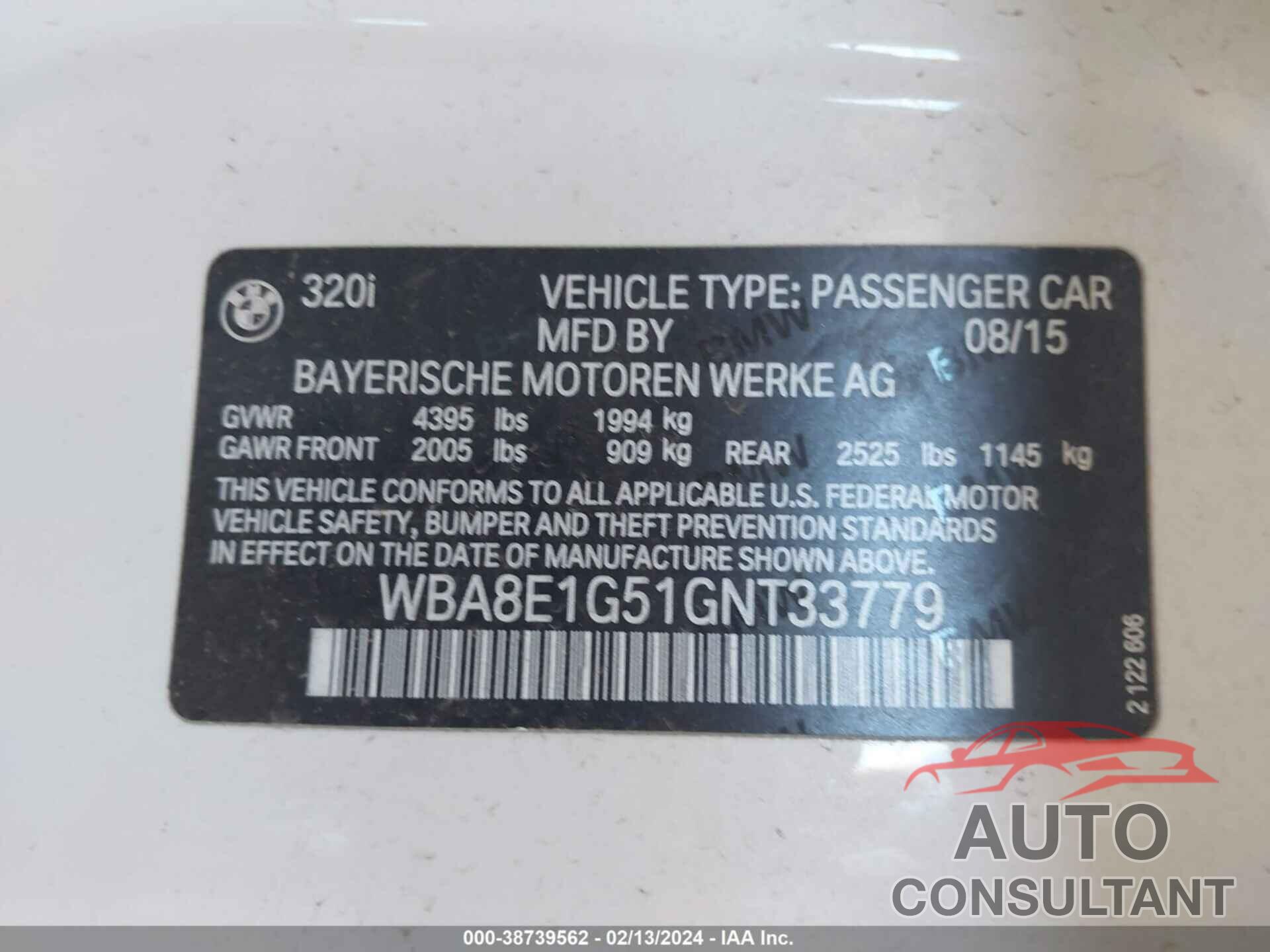 BMW 320I 2016 - WBA8E1G51GNT33779