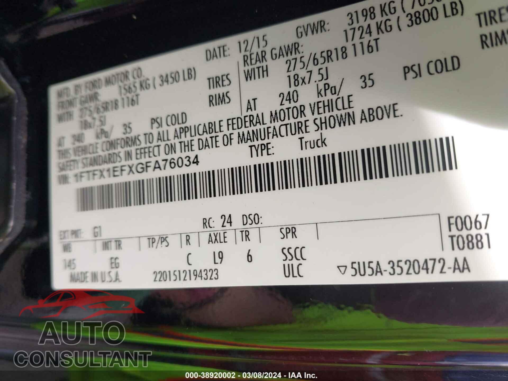 FORD F150 2016 - 1FTFX1EFXGFA76034