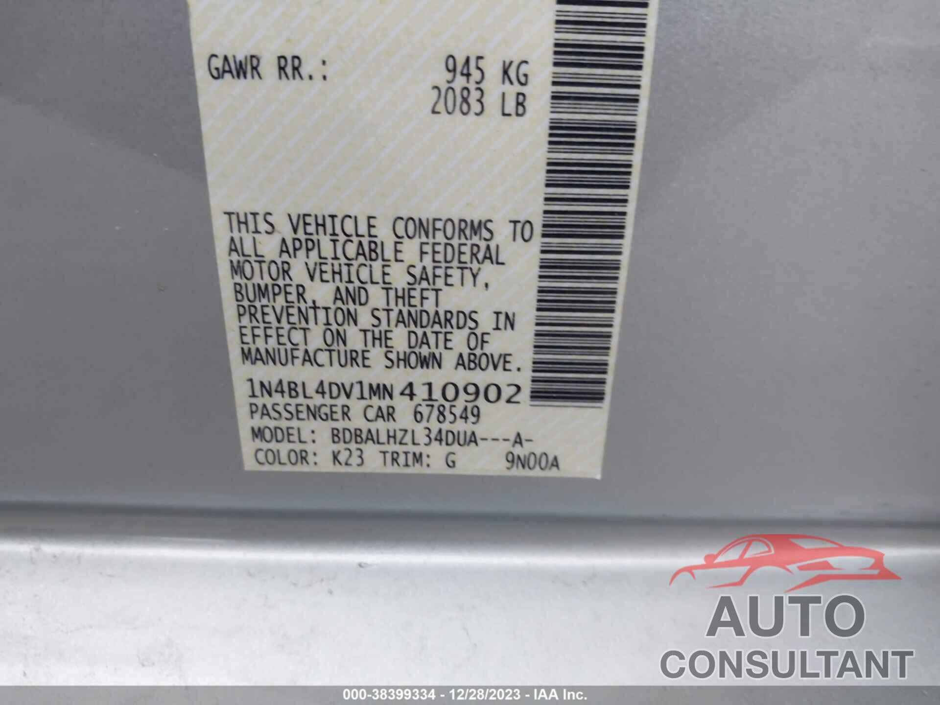 NISSAN ALTIMA 2021 - 1N4BL4DV1MN410902