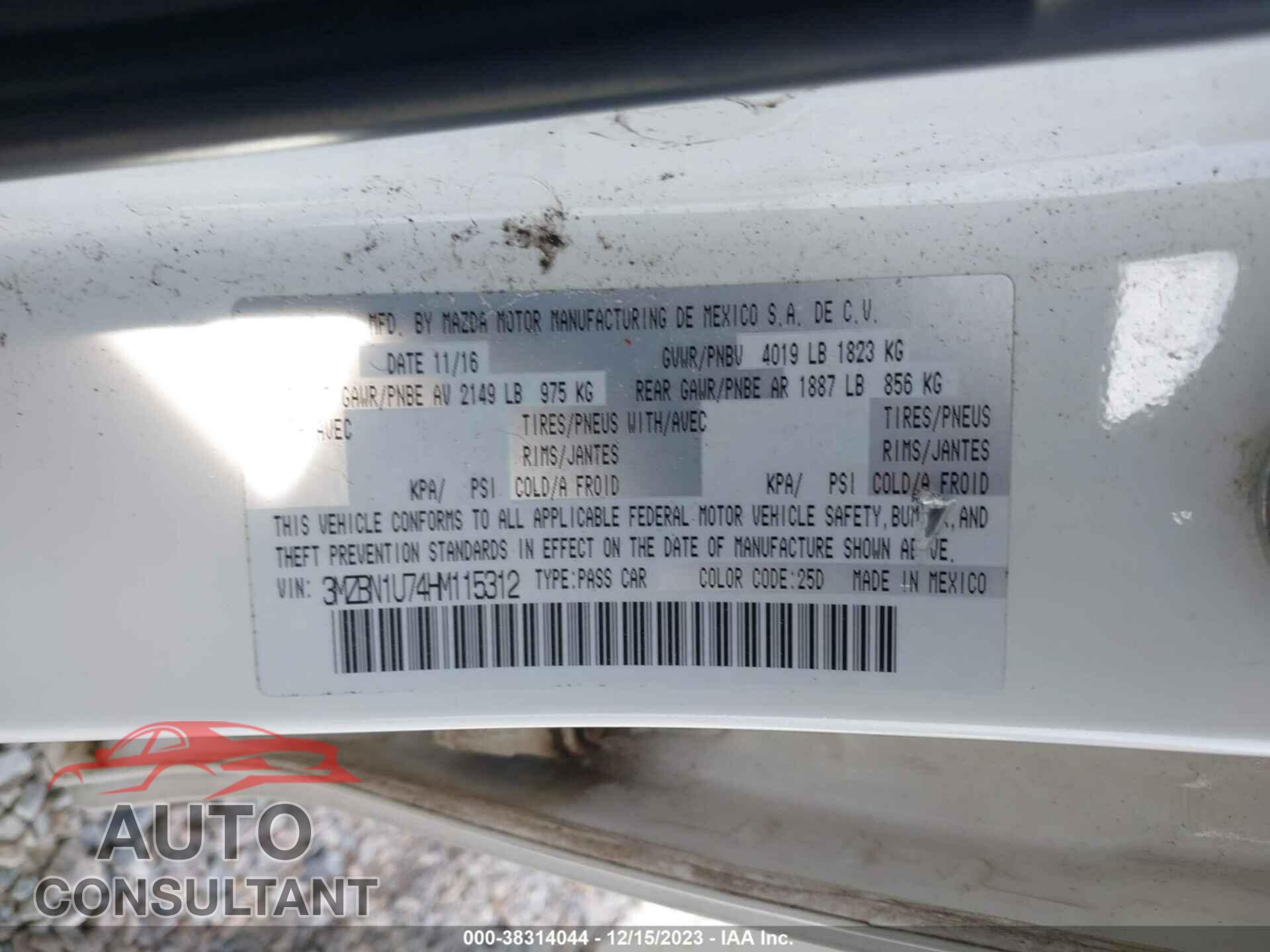 MAZDA MAZDA3 2017 - 3MZBN1U74HM115312