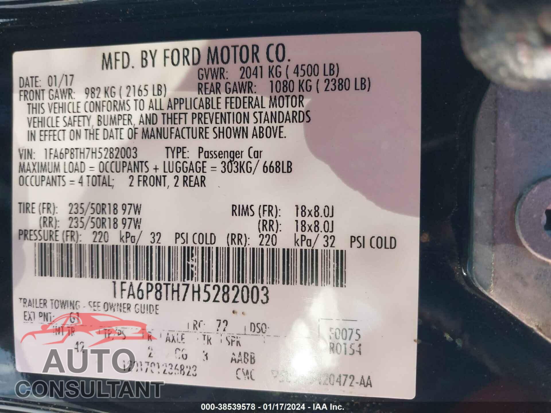 FORD MUSTANG 2017 - 1FA6P8TH7H5282003