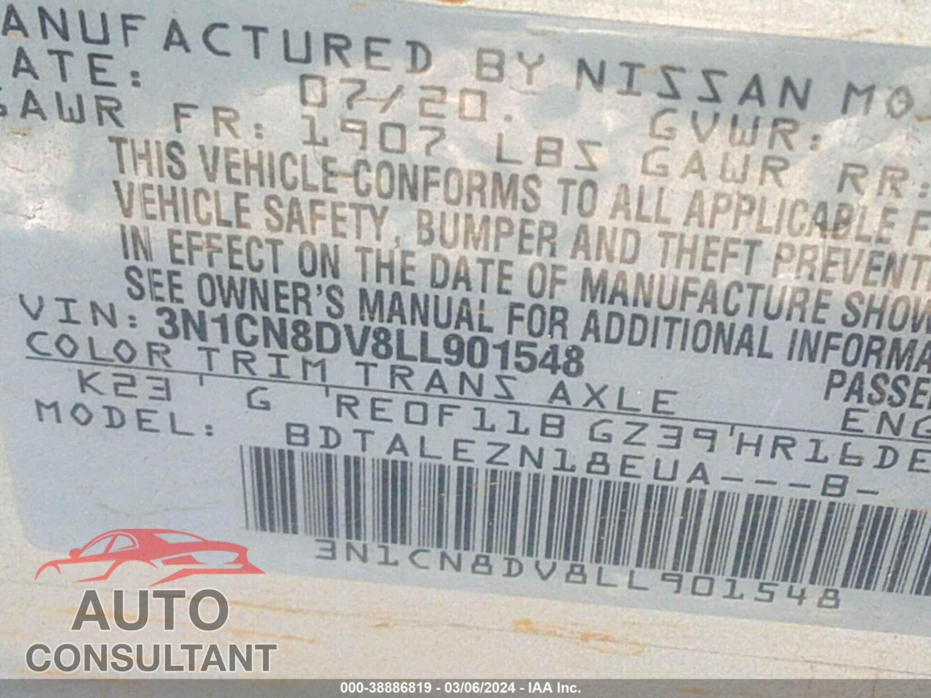 NISSAN VERSA 2020 - 3N1CN8DV8LL901548