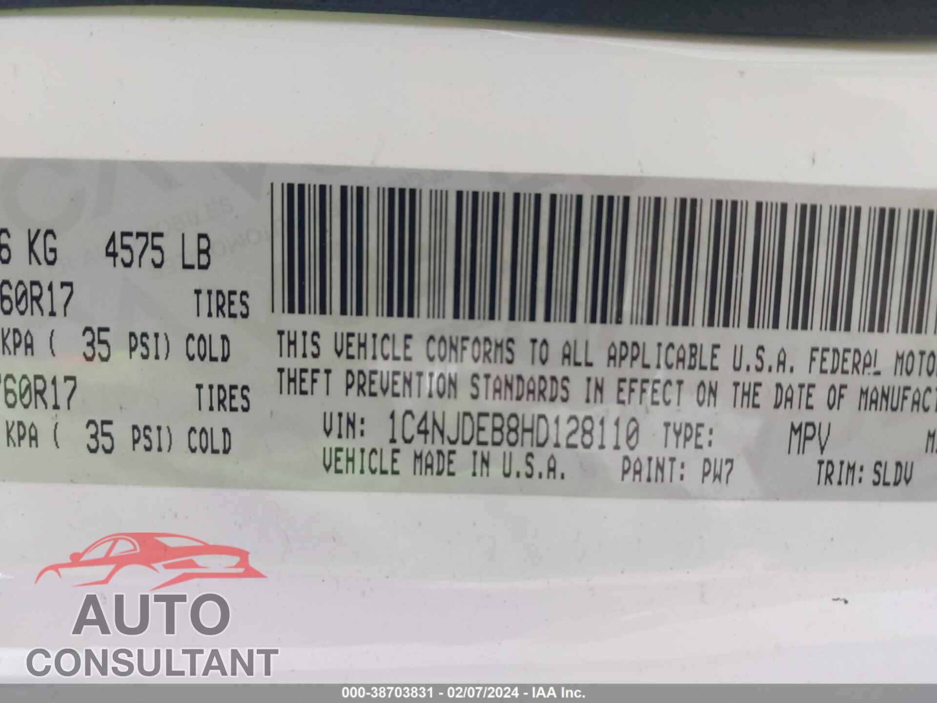 JEEP COMPASS 2017 - 1C4NJDEB8HD128110