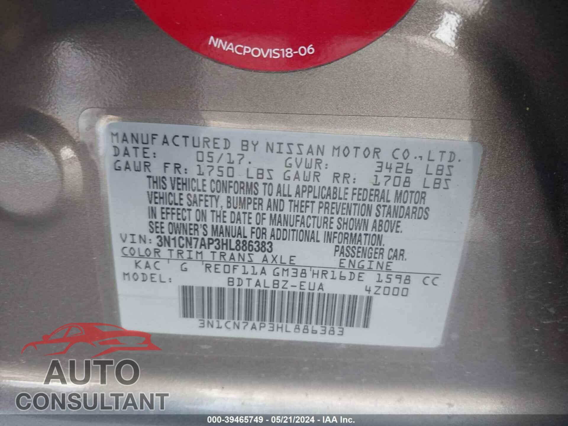 NISSAN VERSA 2017 - 3N1CN7AP3HL886383