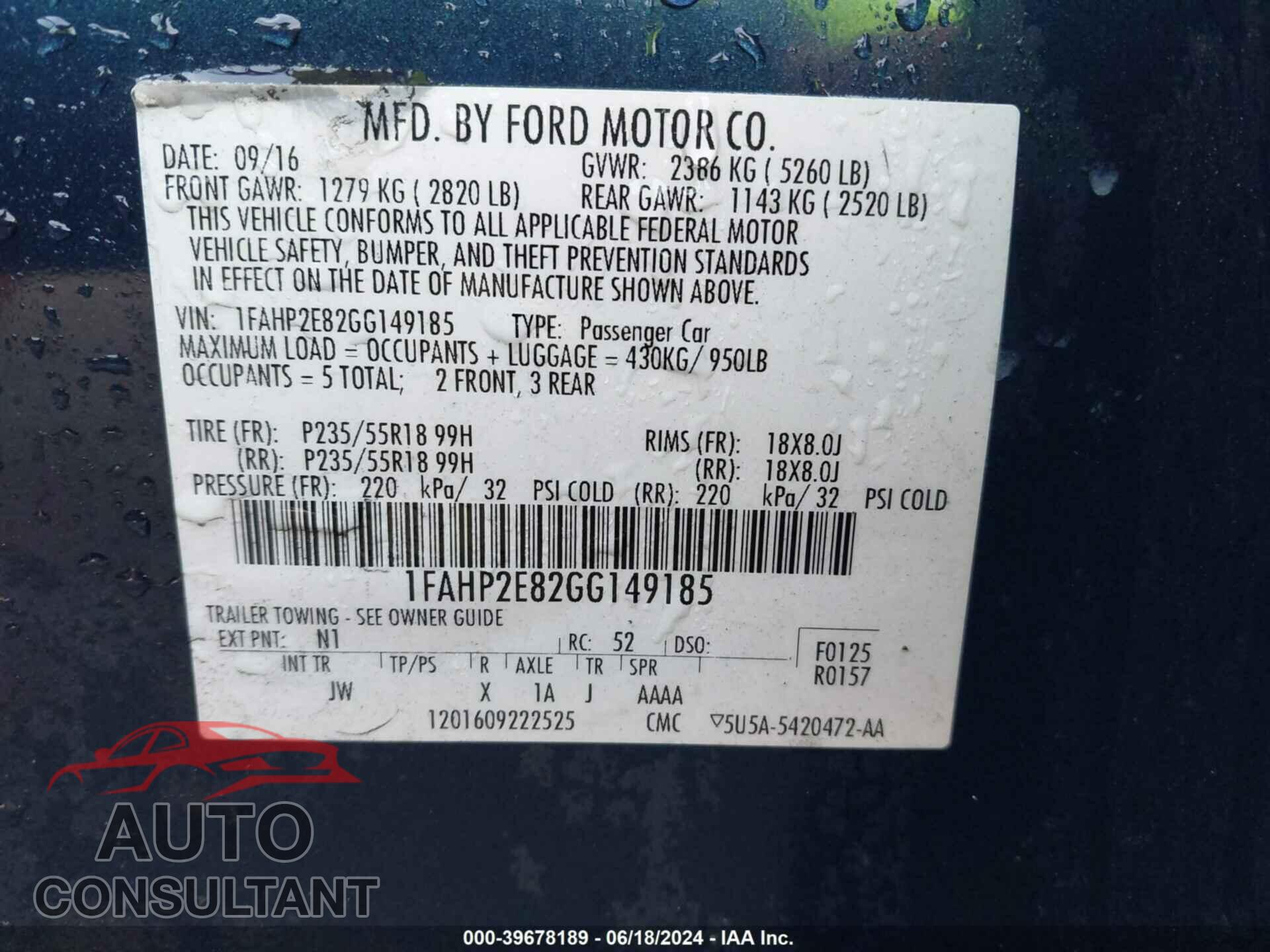 FORD TAURUS 2016 - 1FAHP2E82GG149185