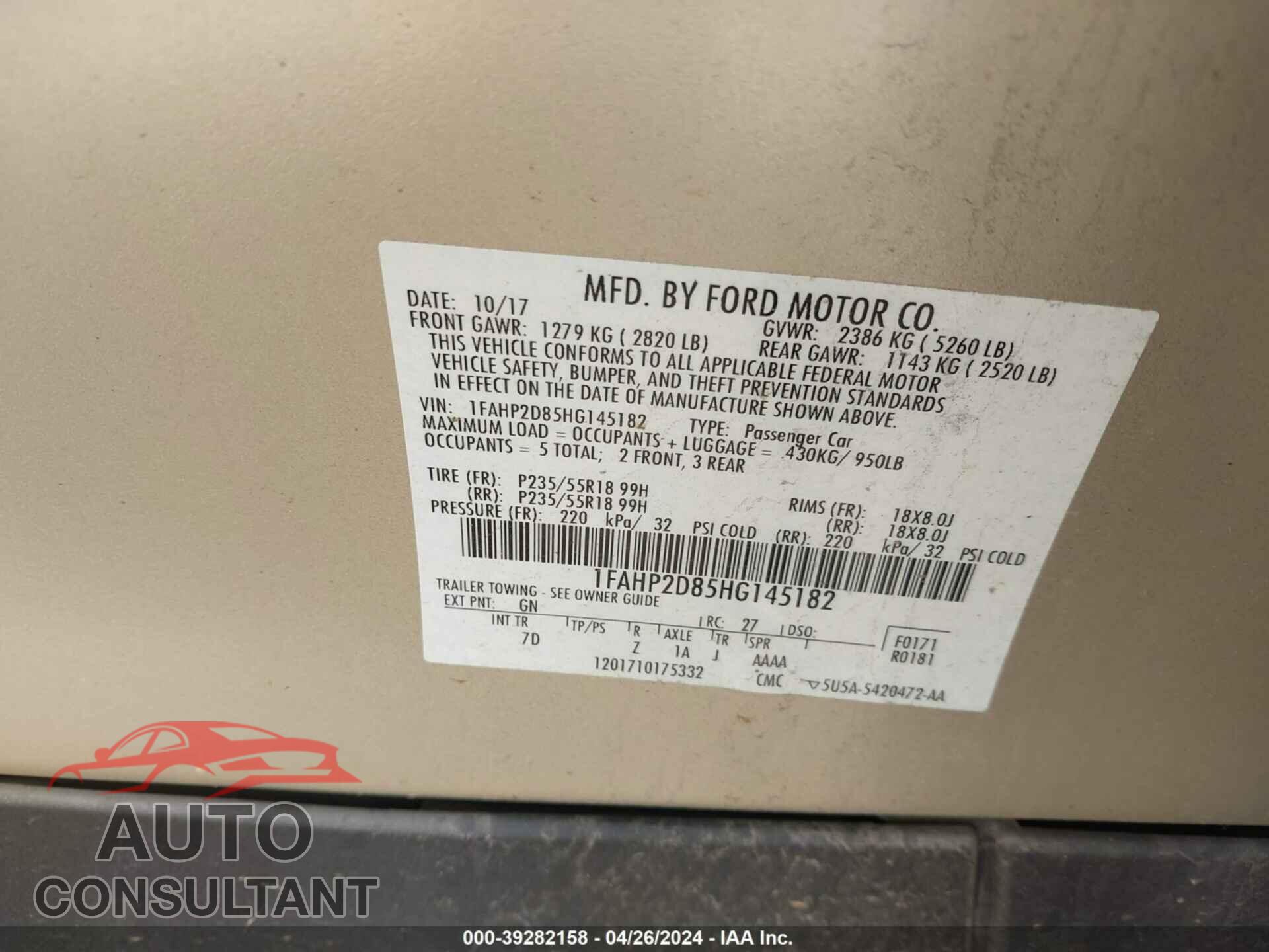 FORD TAURUS 2017 - 1FAHP2D85HG145182