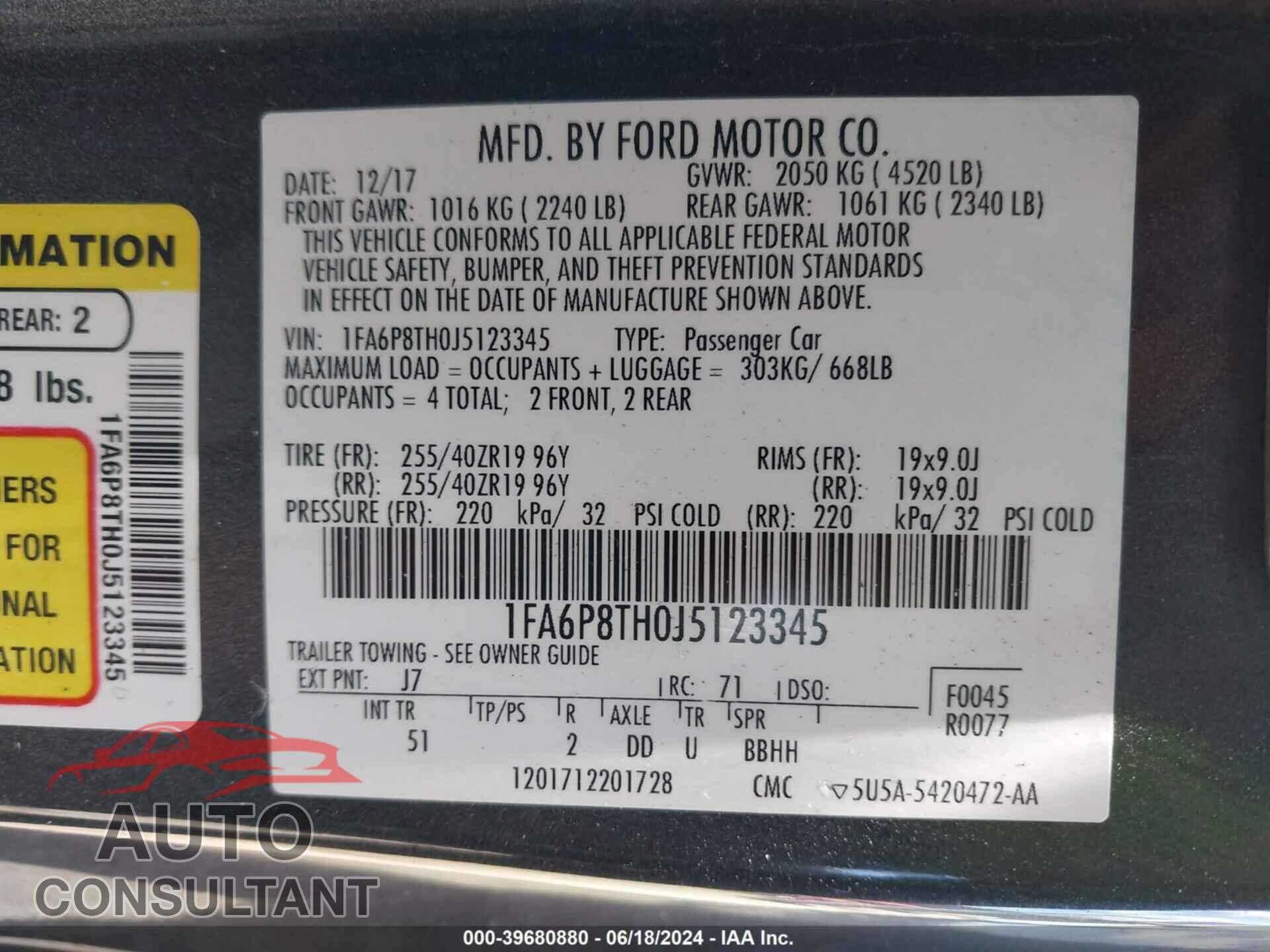 FORD MUSTANG 2018 - 1FA6P8TH0J5123345