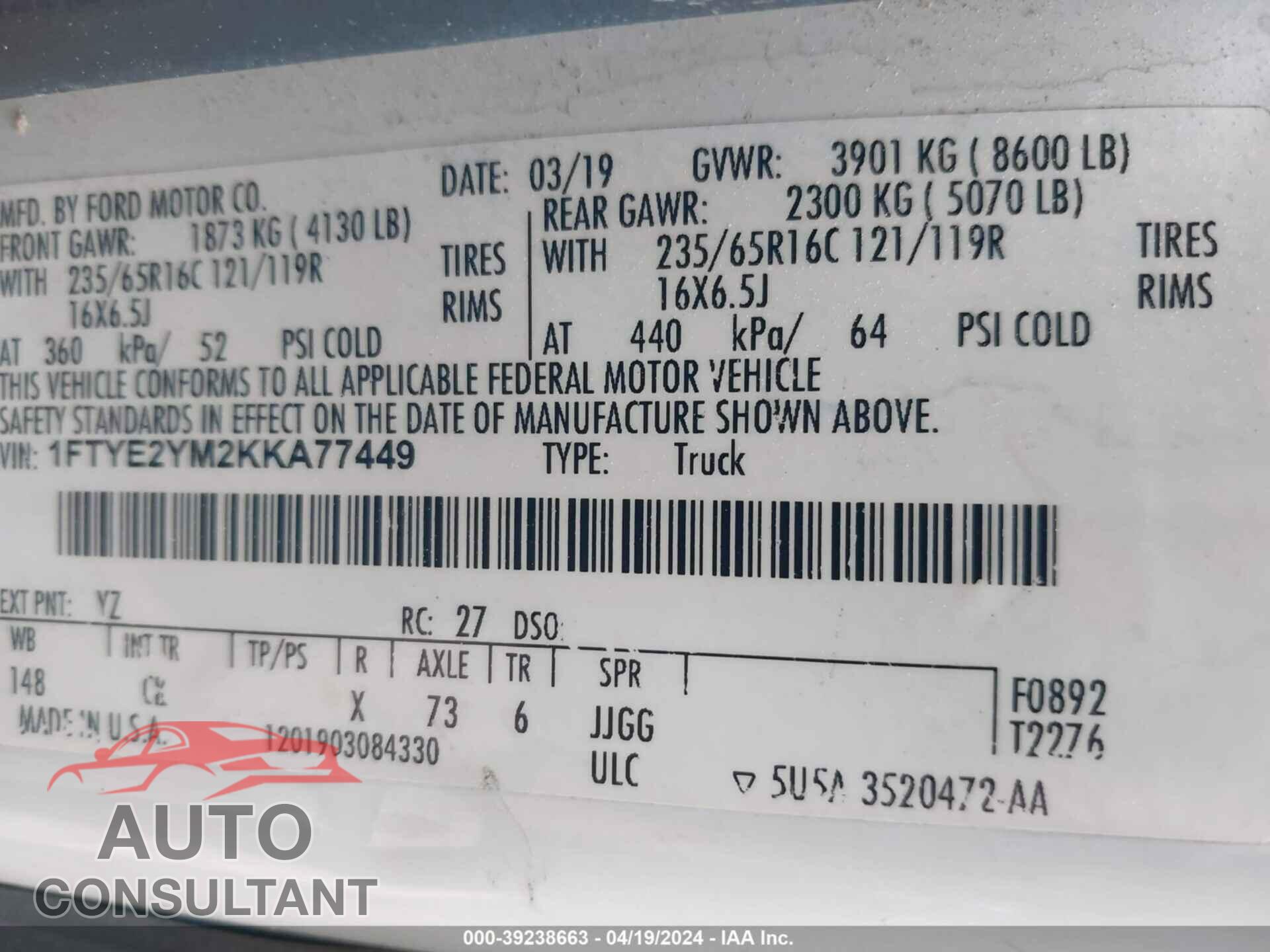 FORD TRANSIT-150 2019 - 1FTYE2YM2KKA77449