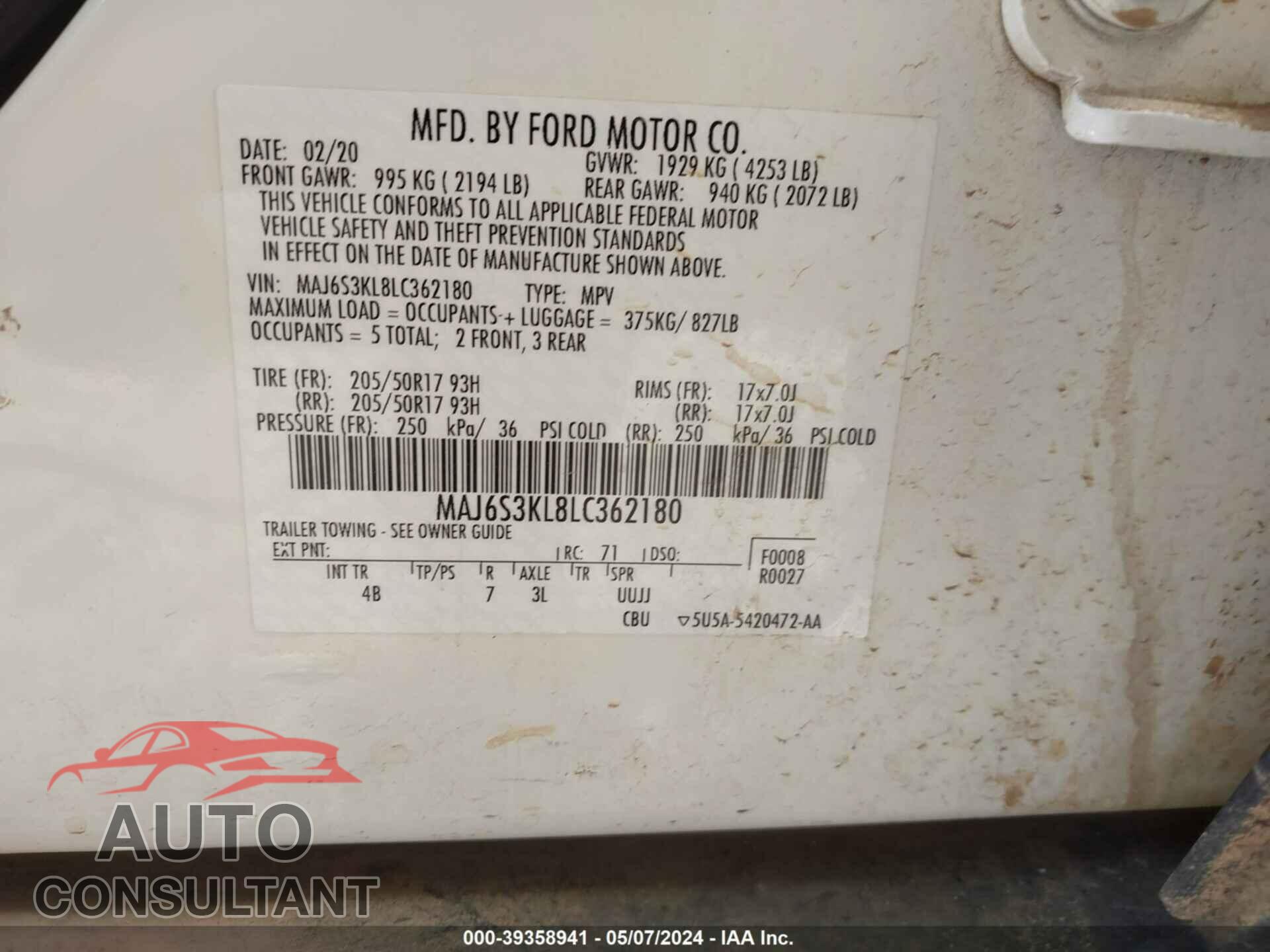 FORD ECOSPORT 2020 - MAJ6S3KL8LC362180