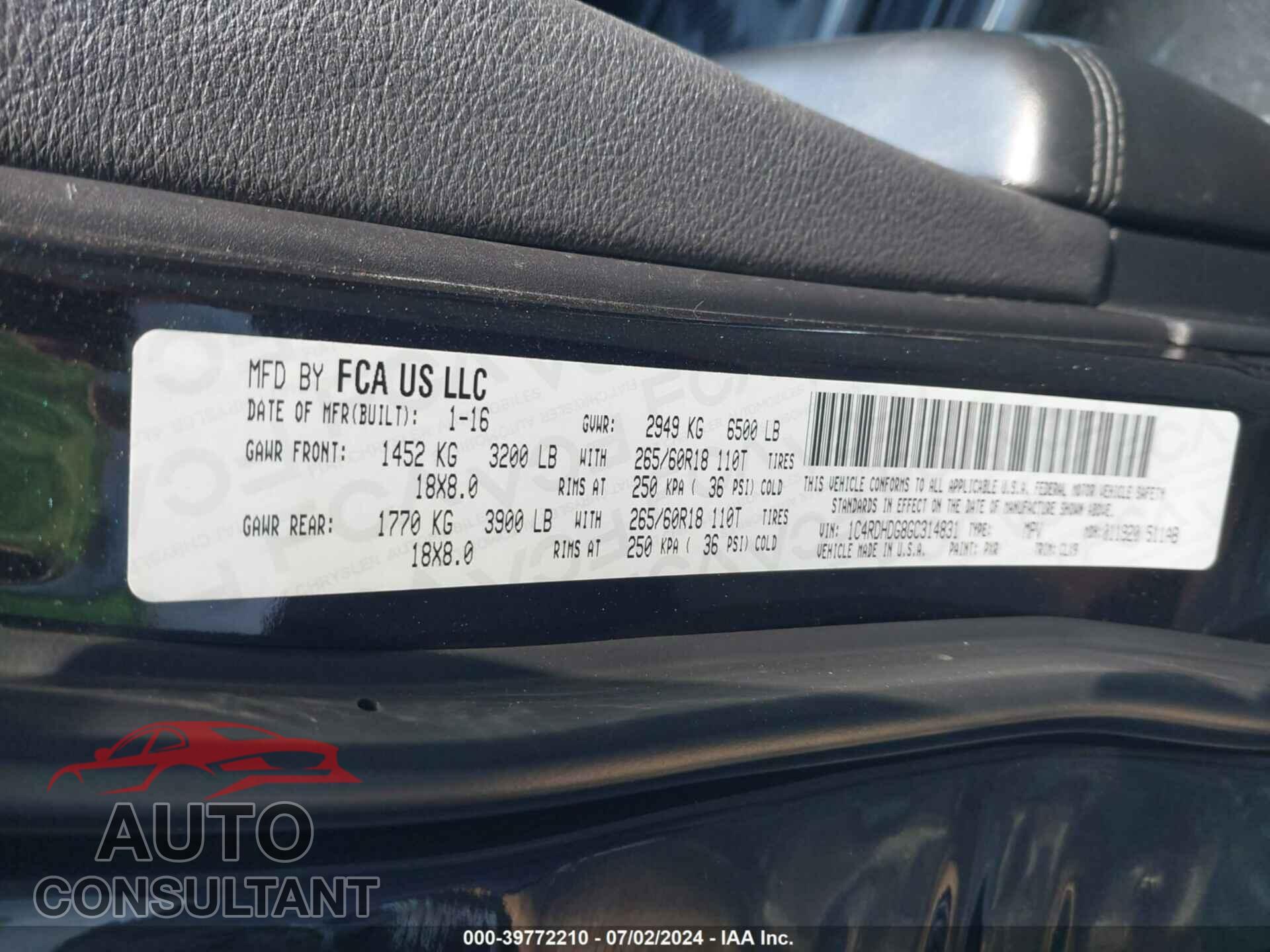 DODGE DURANGO 2016 - 1C4RDHDG8GC314831