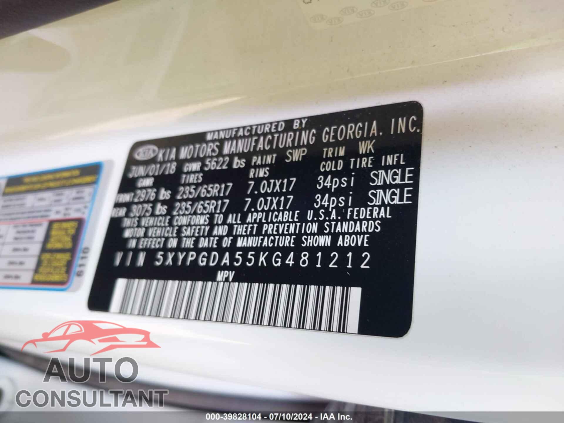 KIA SORENTO 2019 - 5XYPGDA55KG481212