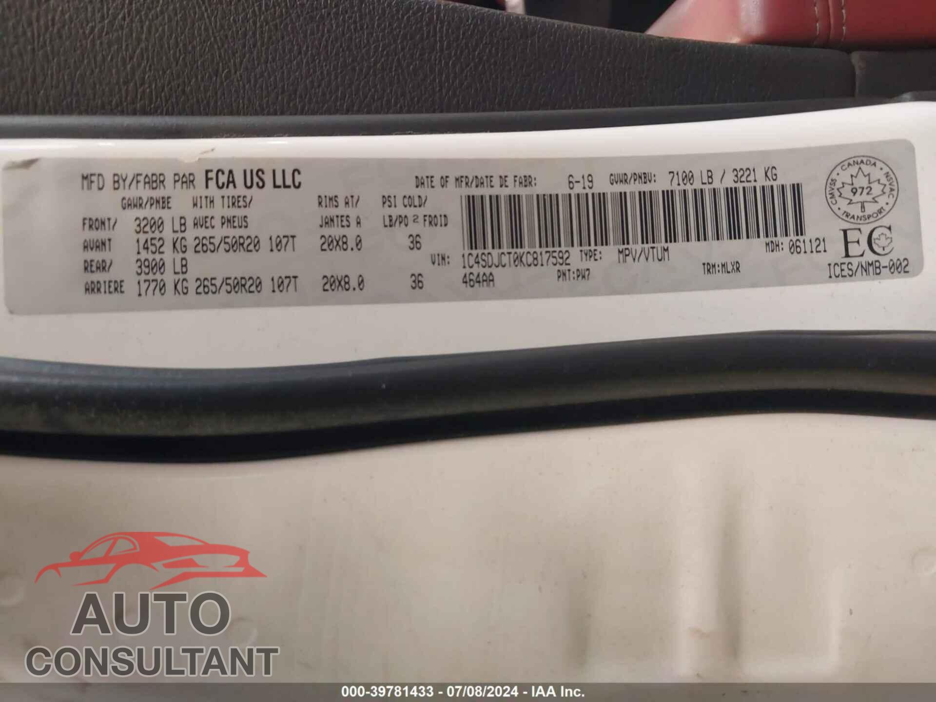 DODGE DURANGO 2019 - 1C4SDJCT0KC817592