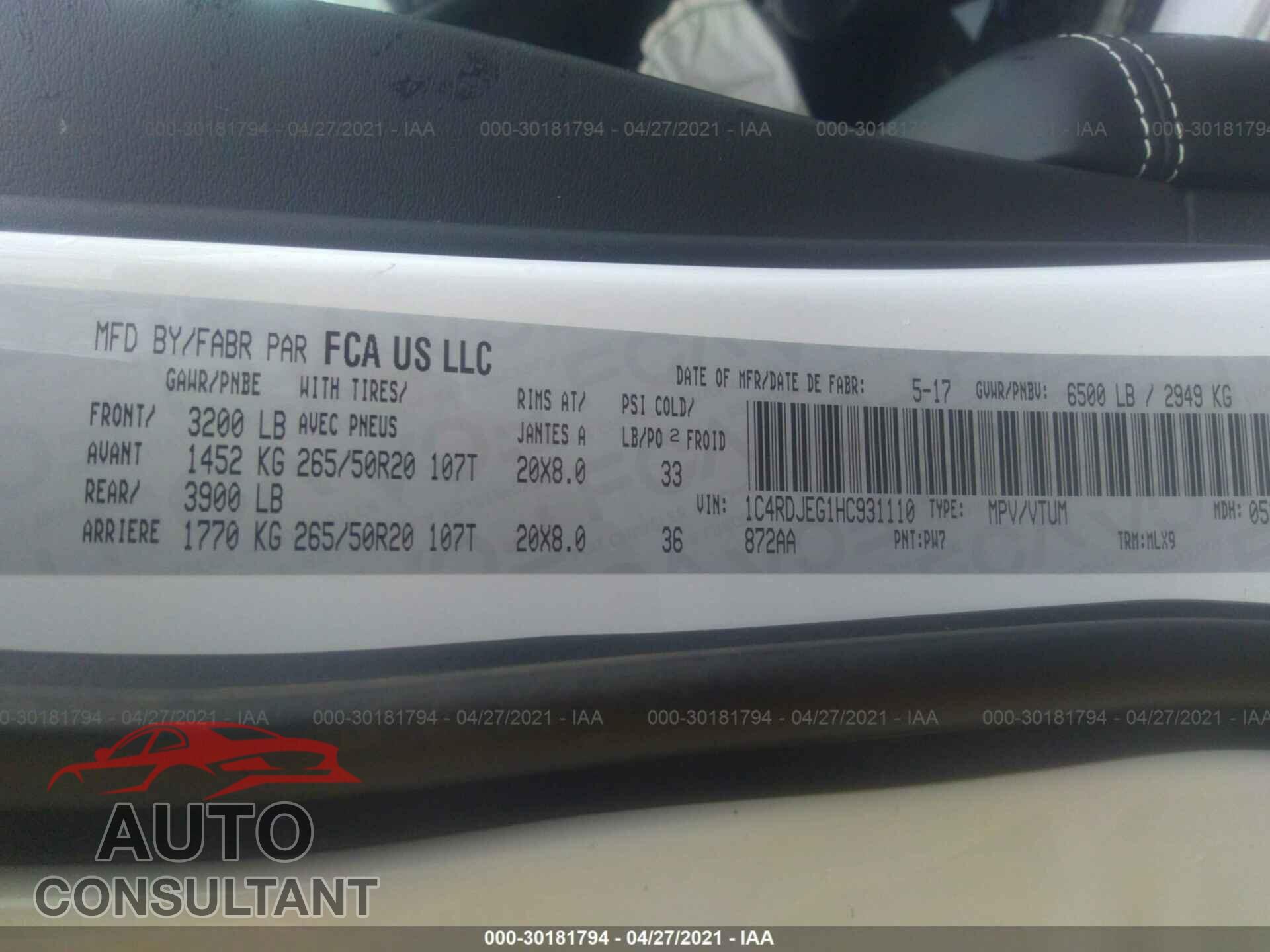 DODGE DURANGO 2017 - 1C4RDJEG1HC931110