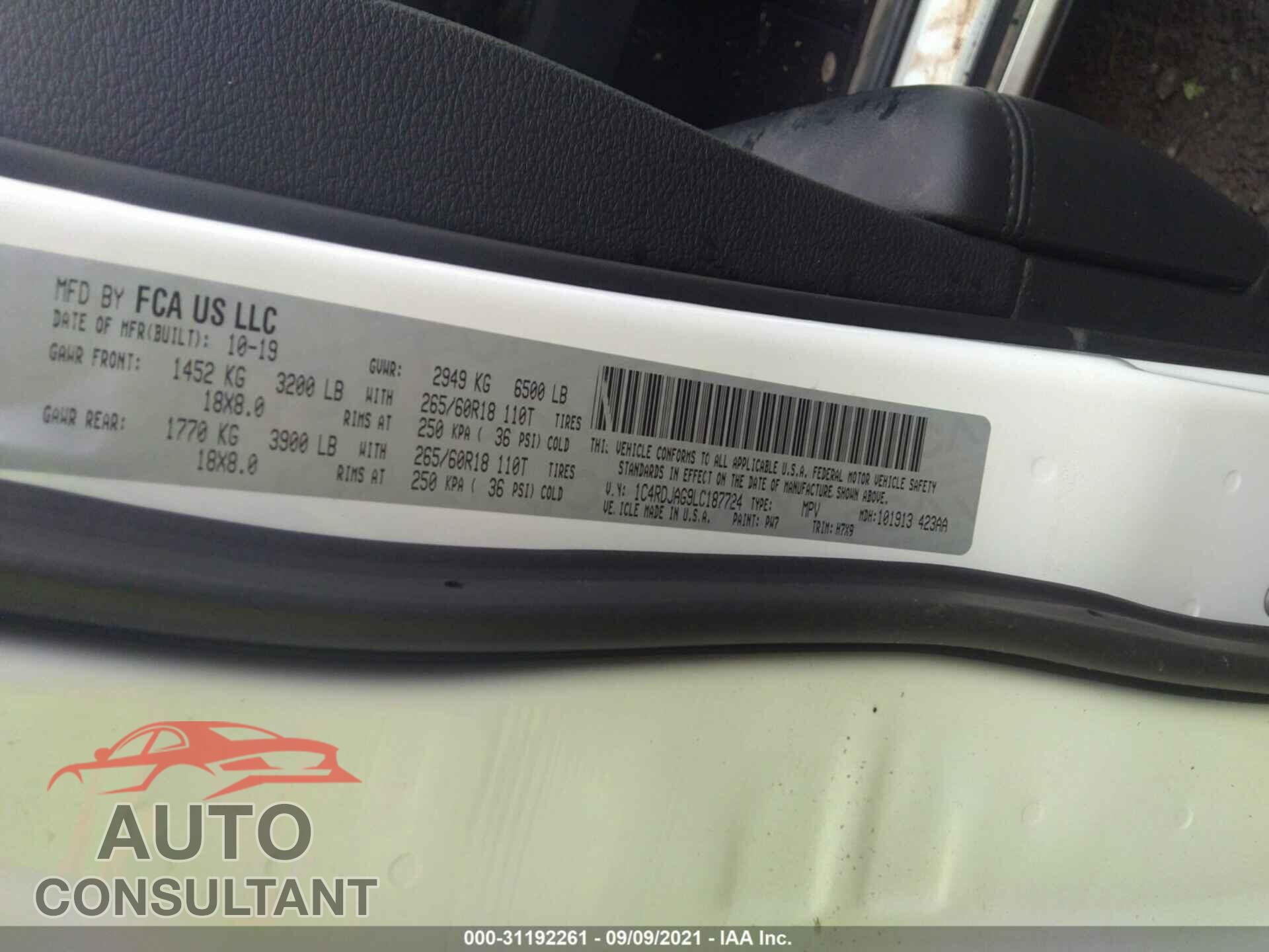 DODGE DURANGO 2020 - 1C4RDJAG9LC187724