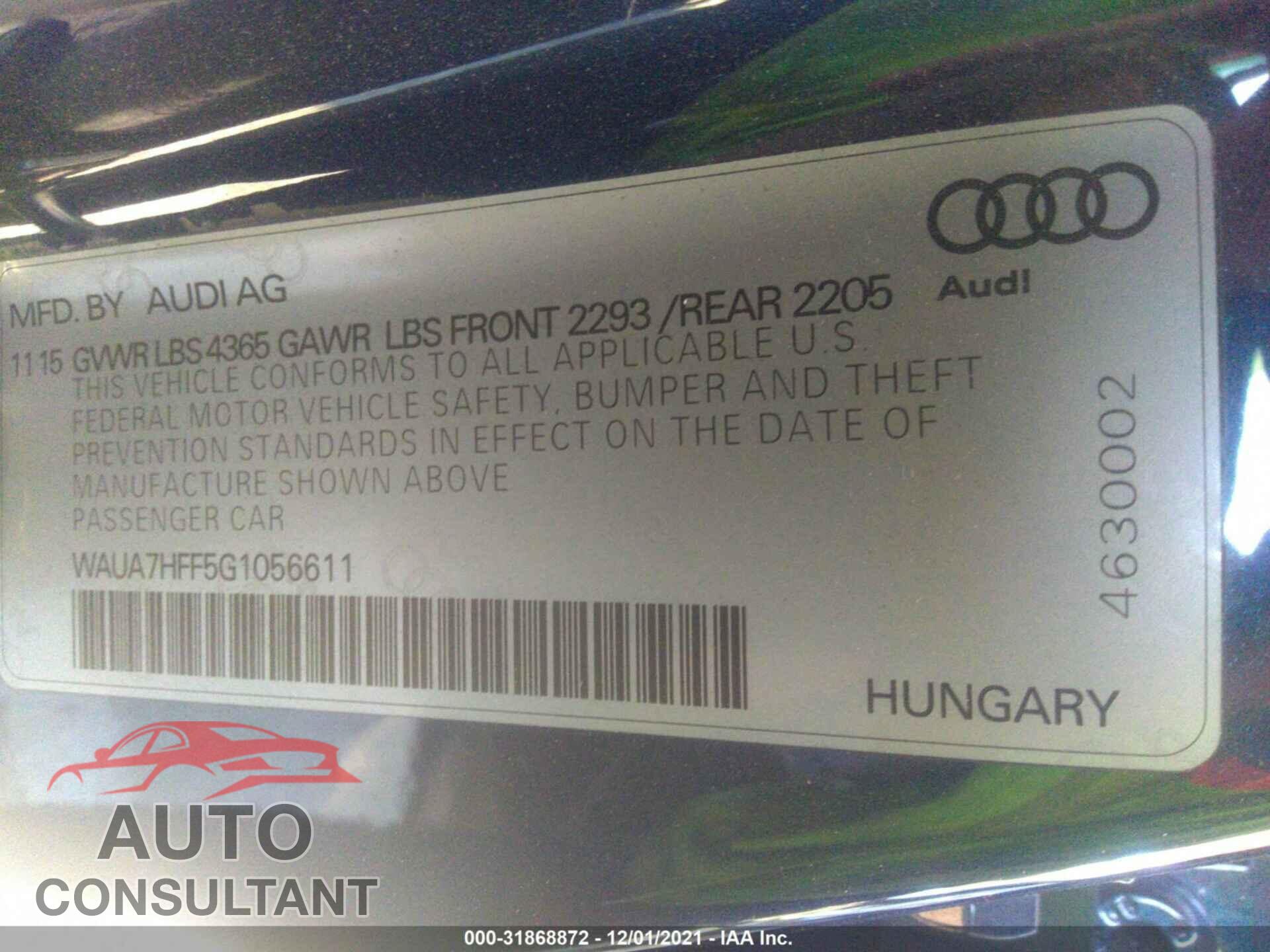 AUDI A3 2016 - WAUA7HFF5G1056611