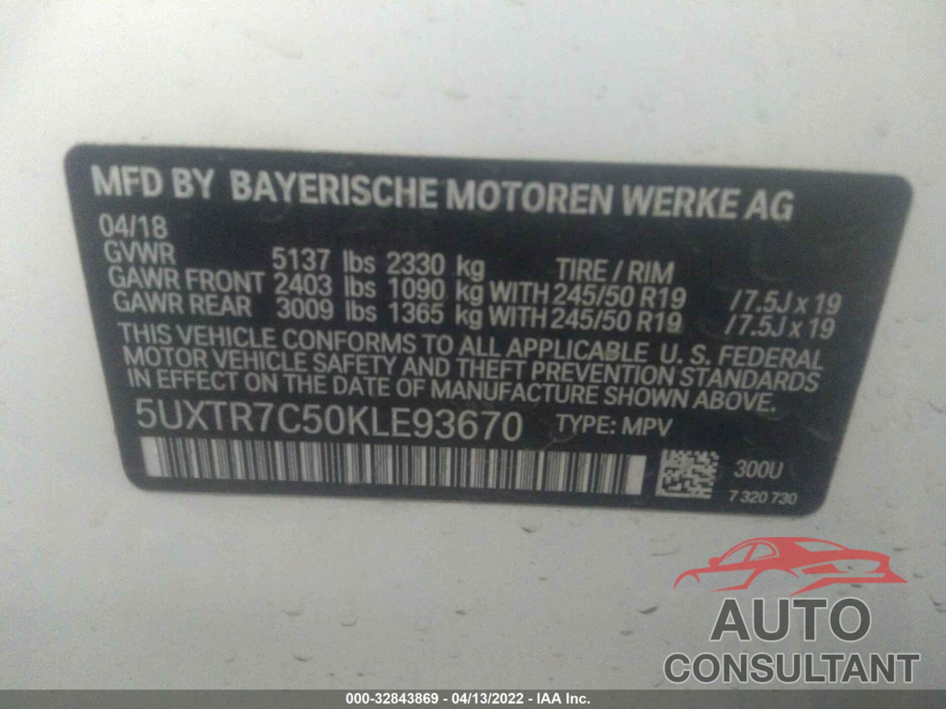 BMW X3 2019 - 5UXTR7C50KLE93670