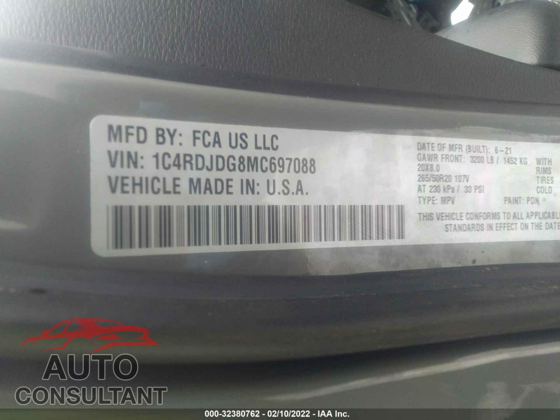 DODGE DURANGO 2021 - 1C4RDJDG8MC697088