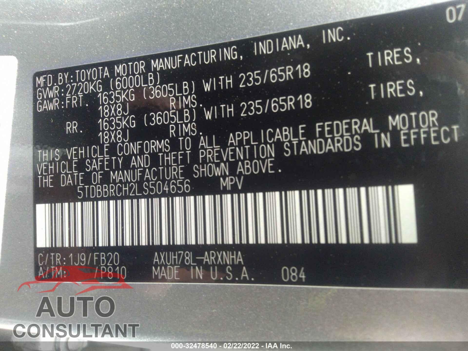 TOYOTA HIGHLANDER 2020 - 5TDBBRCH2LS504656