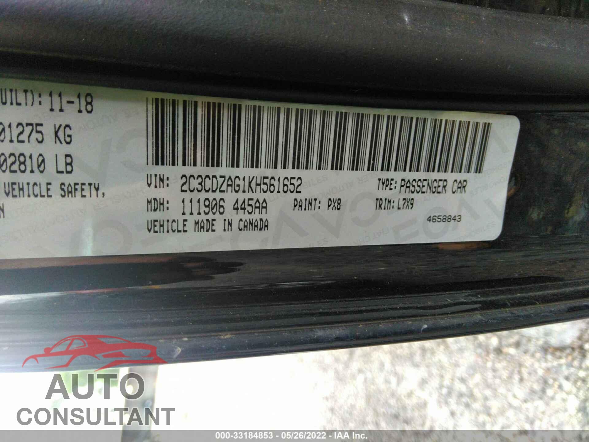 DODGE CHALLENGER 2019 - 2C3CDZAG1KH561652
