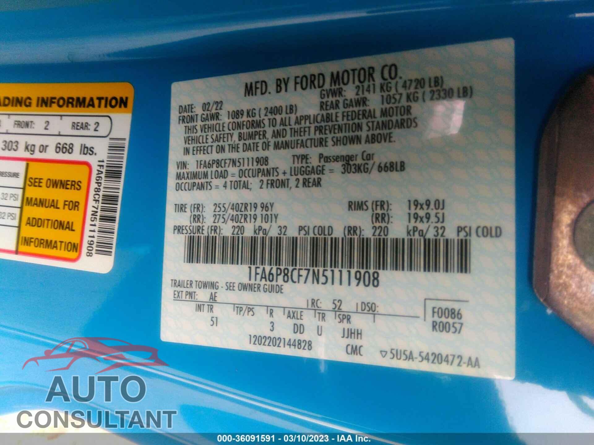 FORD MUSTANG 2022 - 1FA6P8CF7N5111908