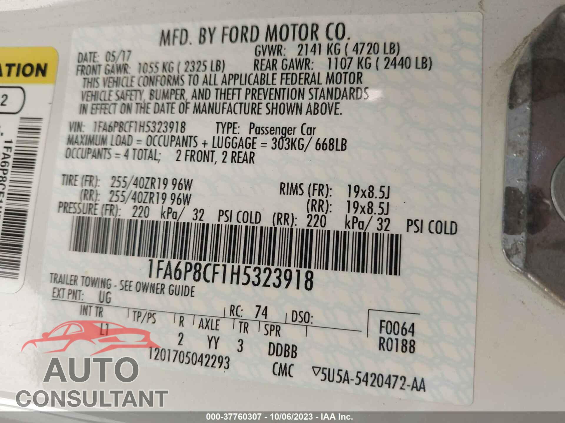 FORD MUSTANG 2017 - 1FA6P8CF1H5323918