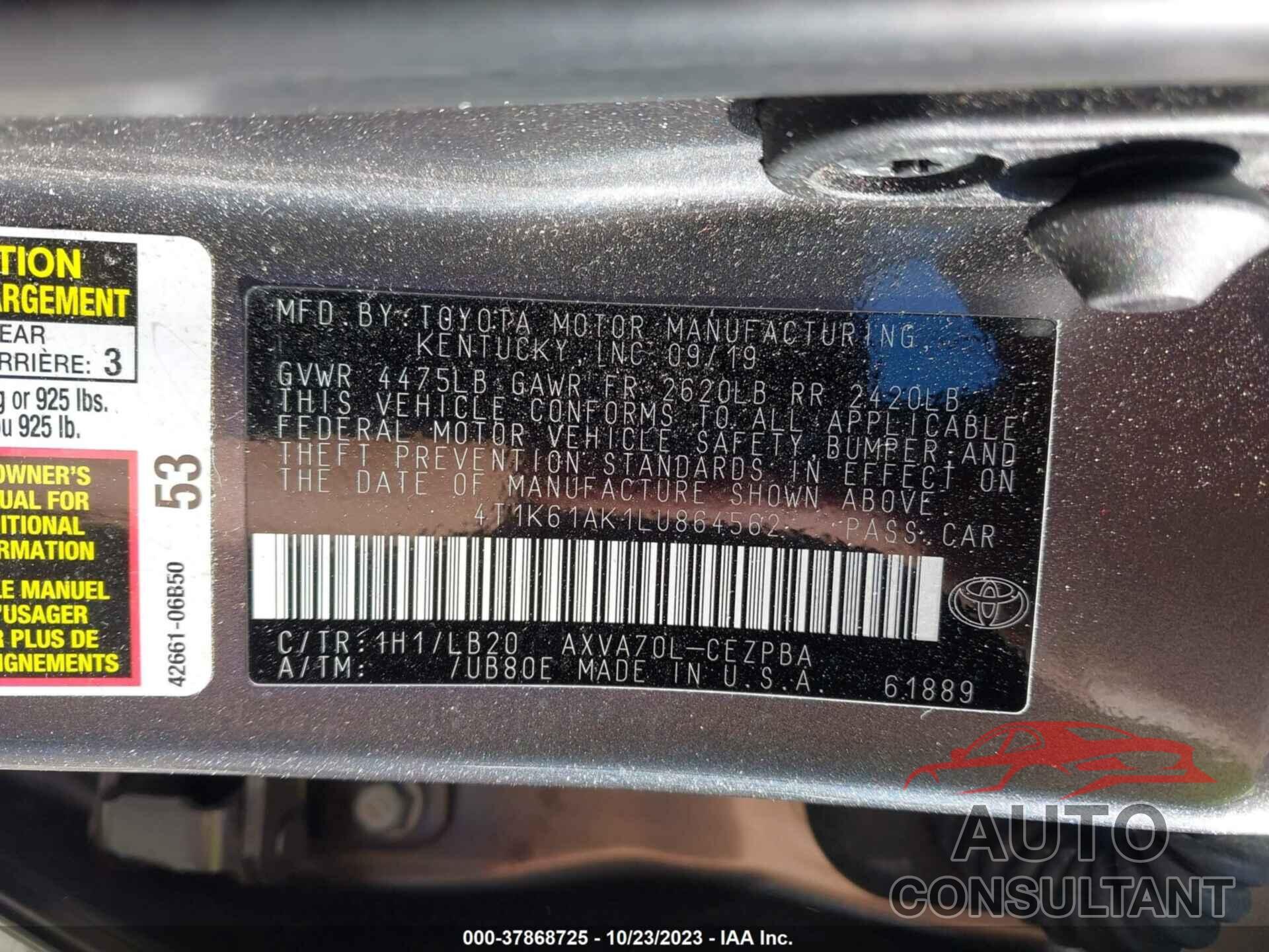 TOYOTA CAMRY 2020 - 4T1K61AK1LU864562