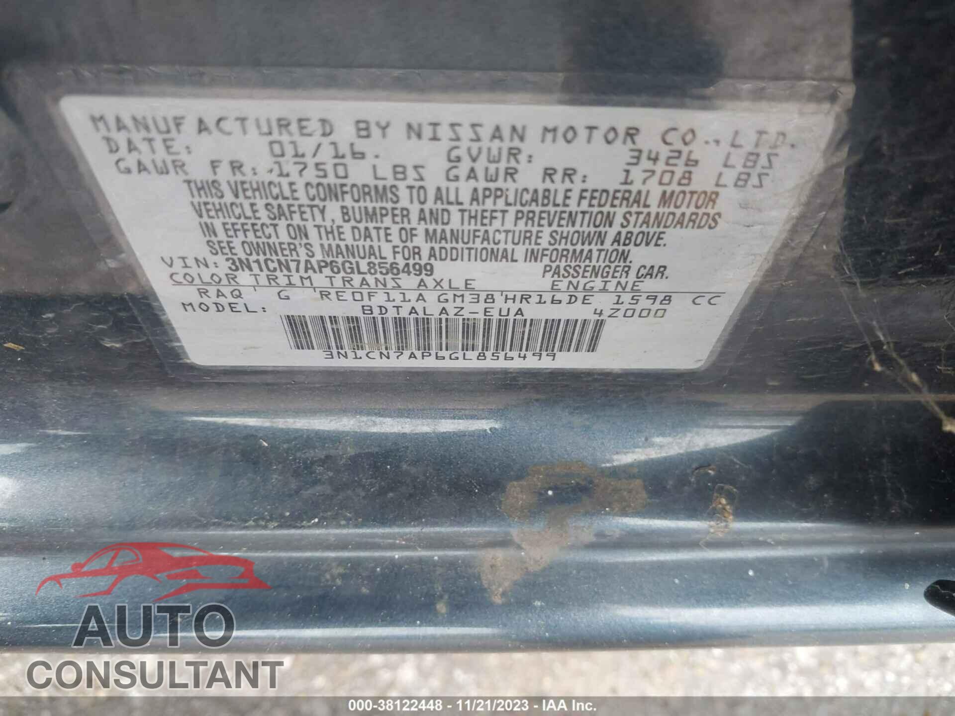 NISSAN VERSA 2016 - 3N1CN7AP6GL856499