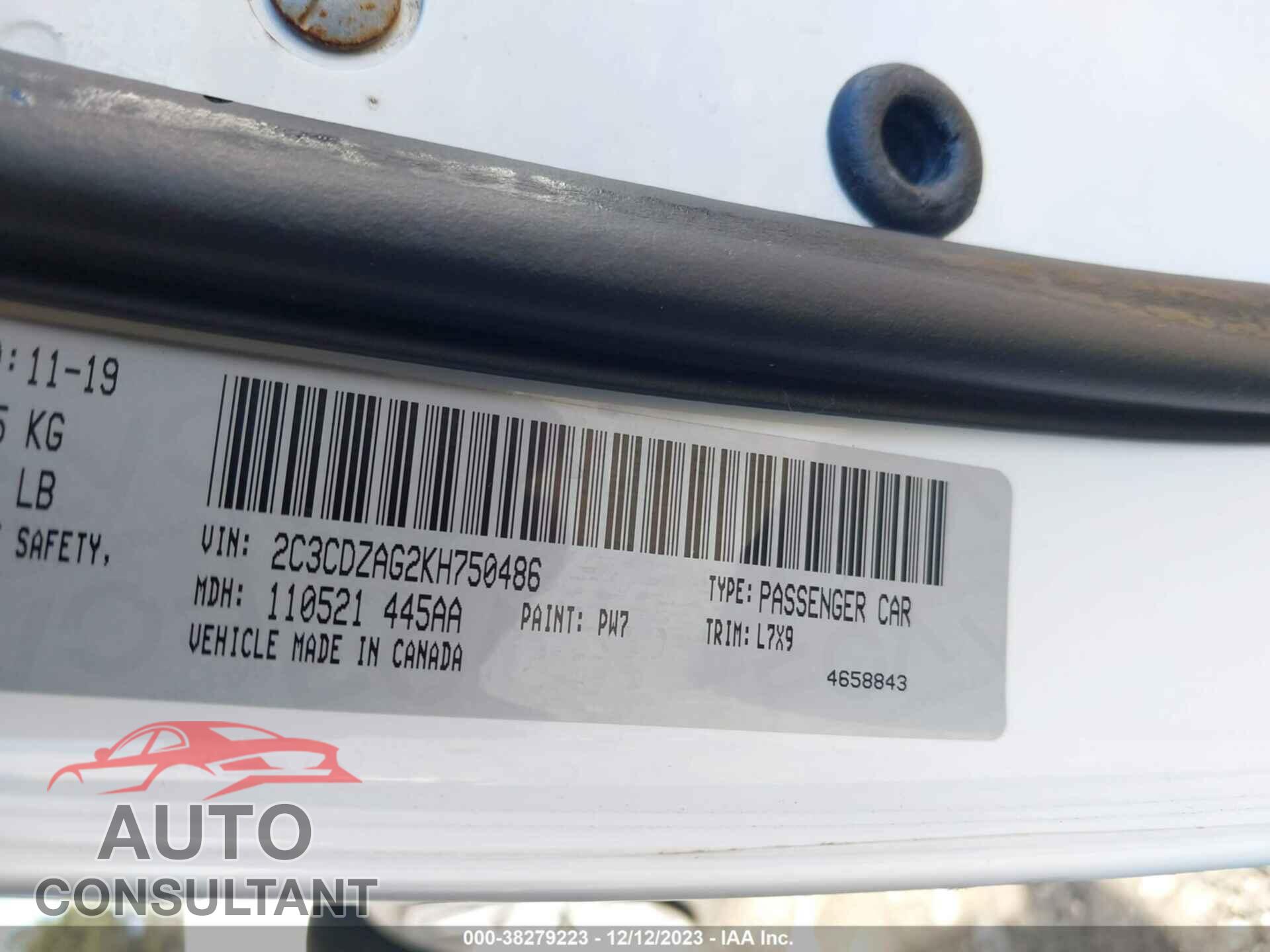 DODGE CHALLENGER 2019 - 2C3CDZAG2KH750486
