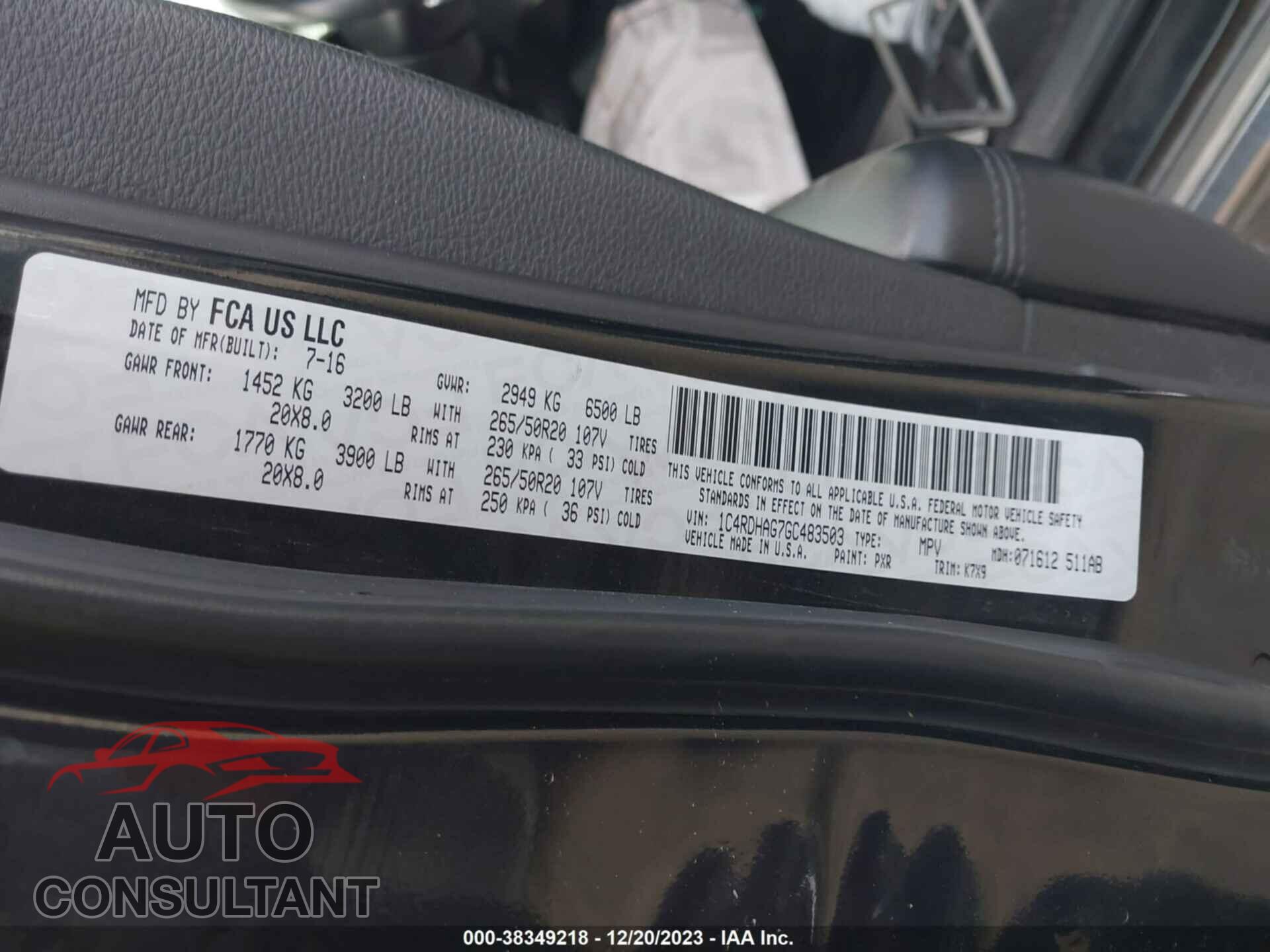 DODGE DURANGO 2016 - 1C4RDHAG7GC483503