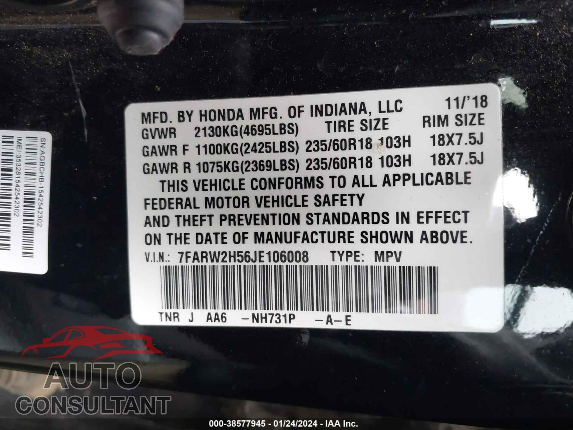 HONDA CR-V 2018 - 7FARW2H56JE106008