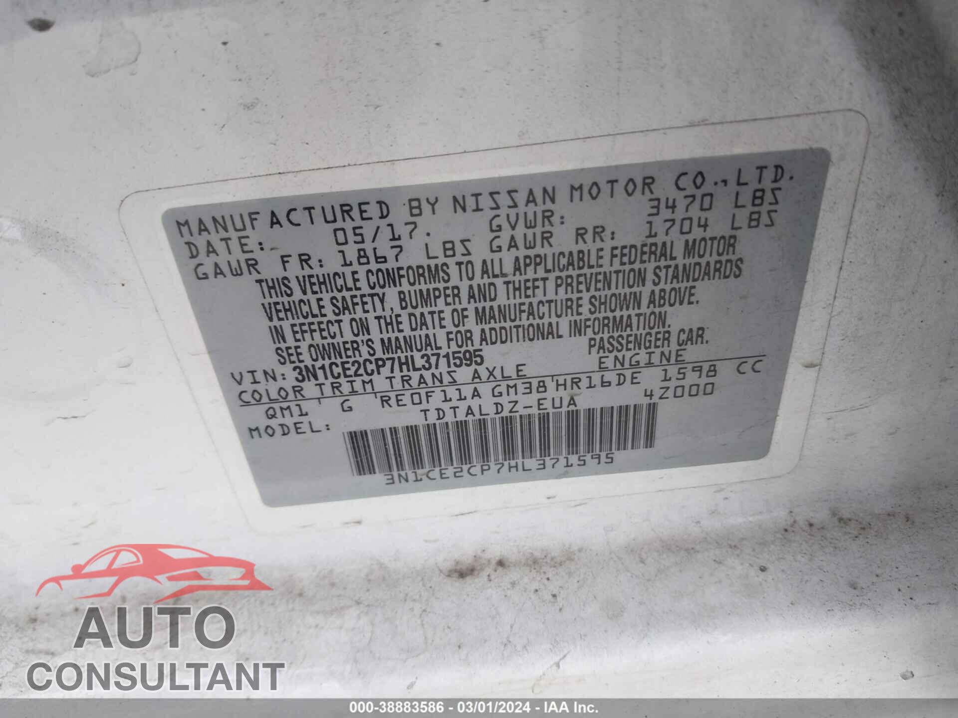 NISSAN VERSA NOTE 2017 - 3N1CE2CP7HL371595