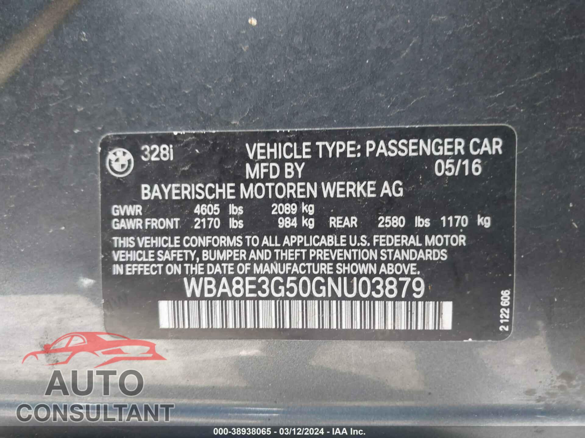 BMW 328I 2016 - WBA8E3G50GNU03879