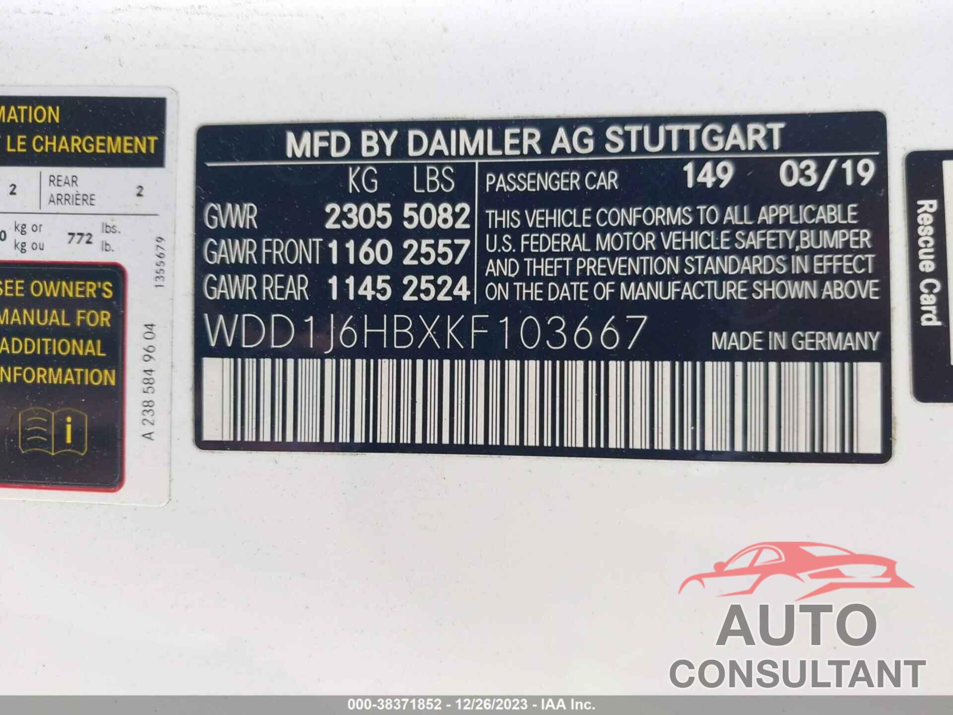 MERCEDES-BENZ E 450 2019 - WDD1J6HBXKF103667