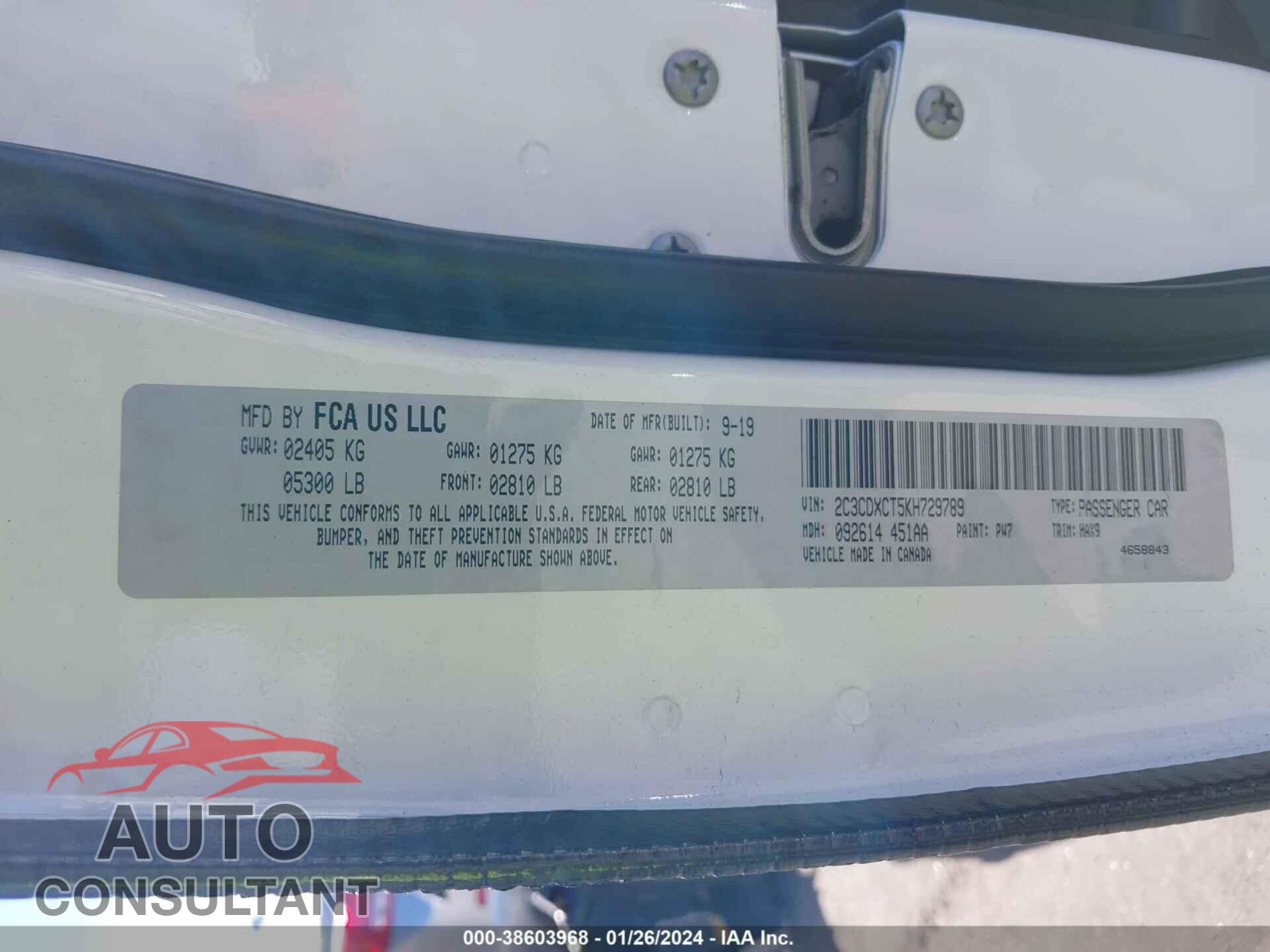 DODGE CHARGER 2019 - 2C3CDXCT5KH729789