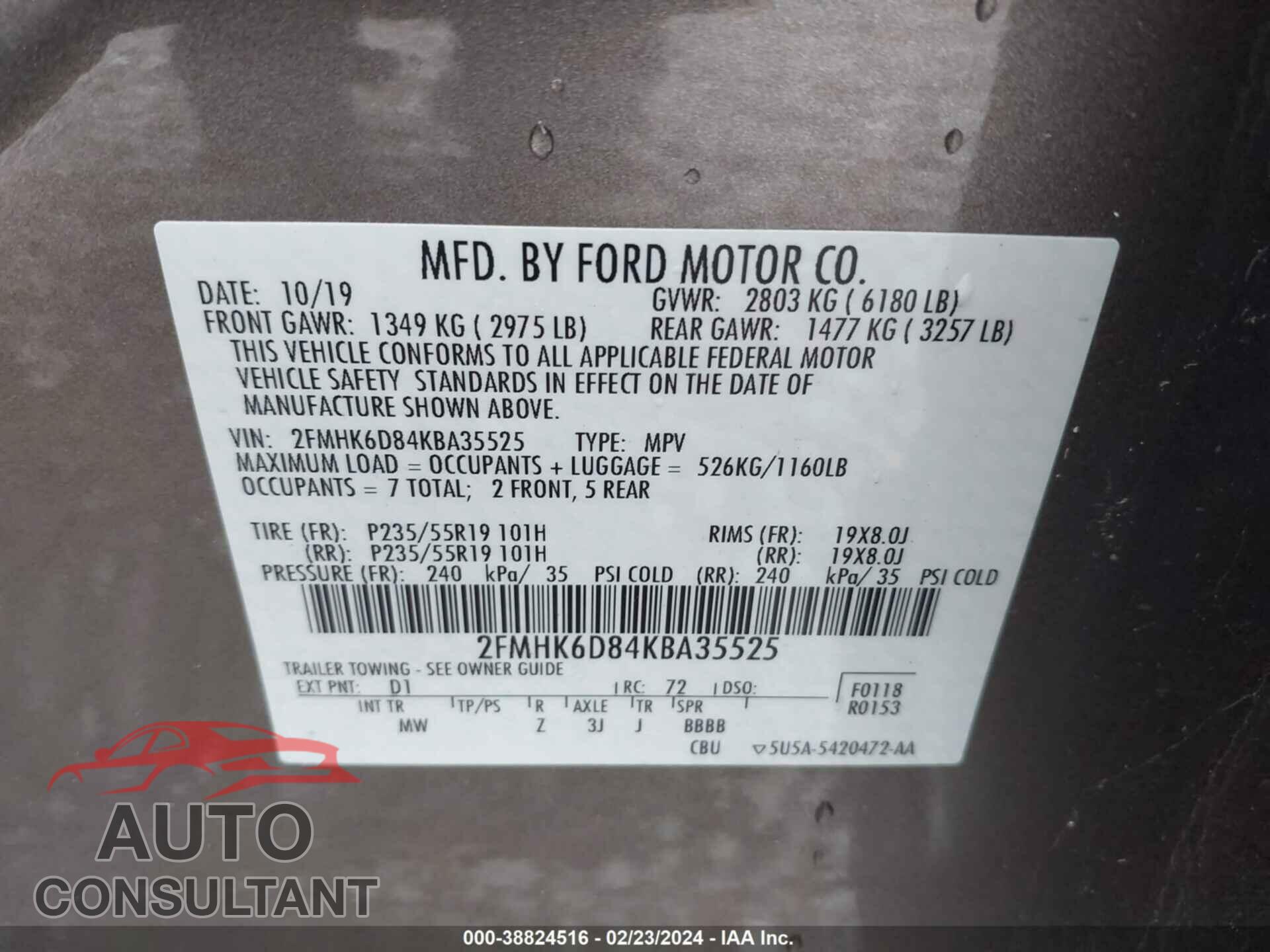 FORD FLEX 2019 - 2FMHK6D84KBA35525