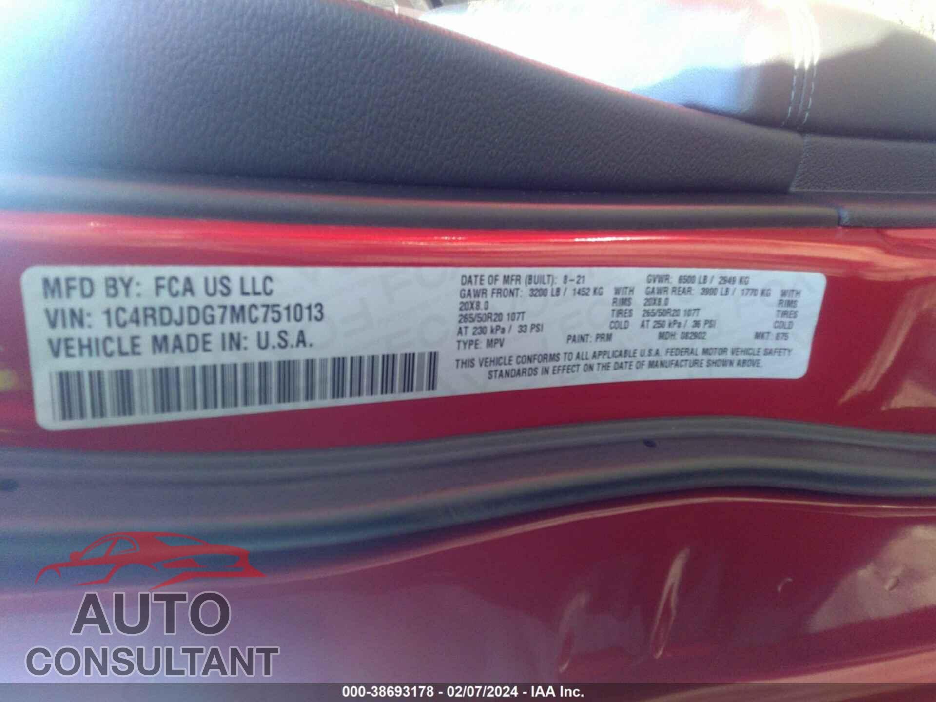 DODGE DURANGO 2021 - 1C4RDJDG7MC751013