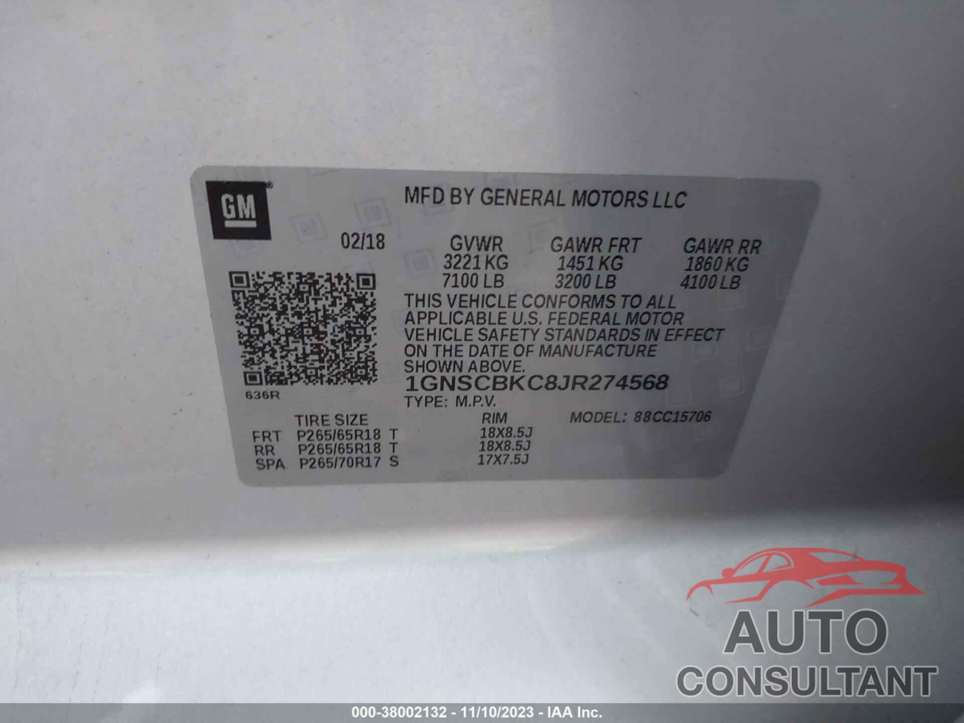 CHEVROLET TAHOE 2018 - 1GNSCBKC8JR274568