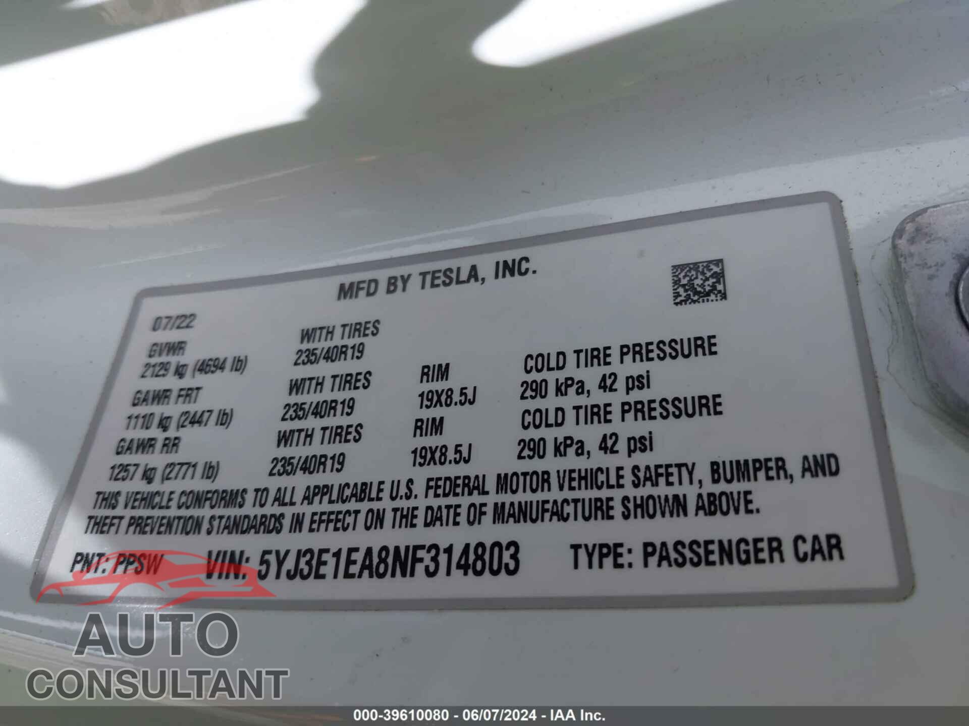 TESLA MODEL 3 2022 - 5YJ3E1EA8NF314803