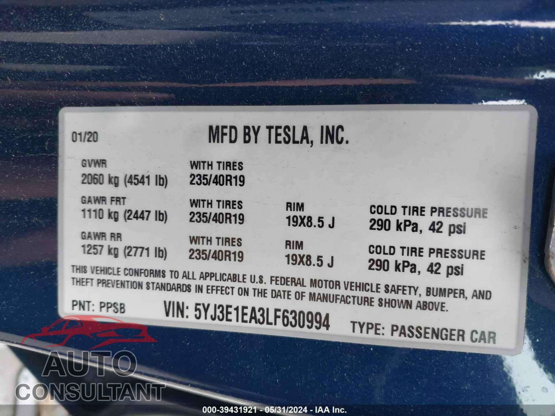TESLA MODEL 3 2020 - 5YJ3E1EA3LF630994