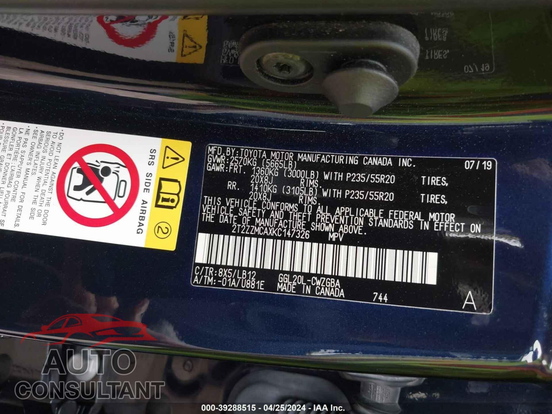 LEXUS RX 350 2019 - 2T2ZZMCAXKC147326