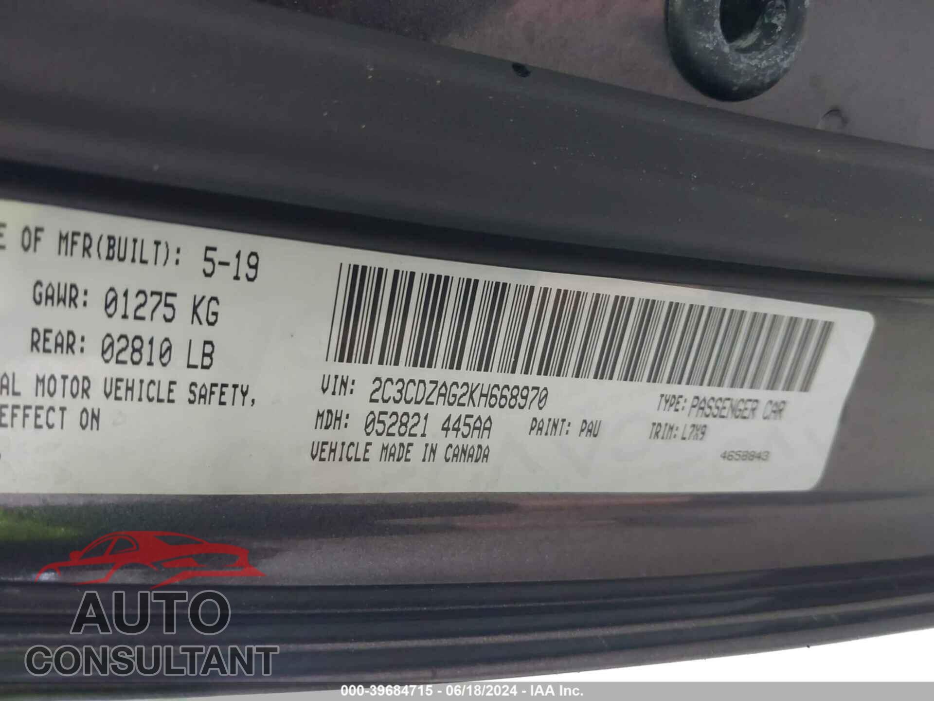 DODGE CHALLENGER 2019 - 2C3CDZAG2KH668970