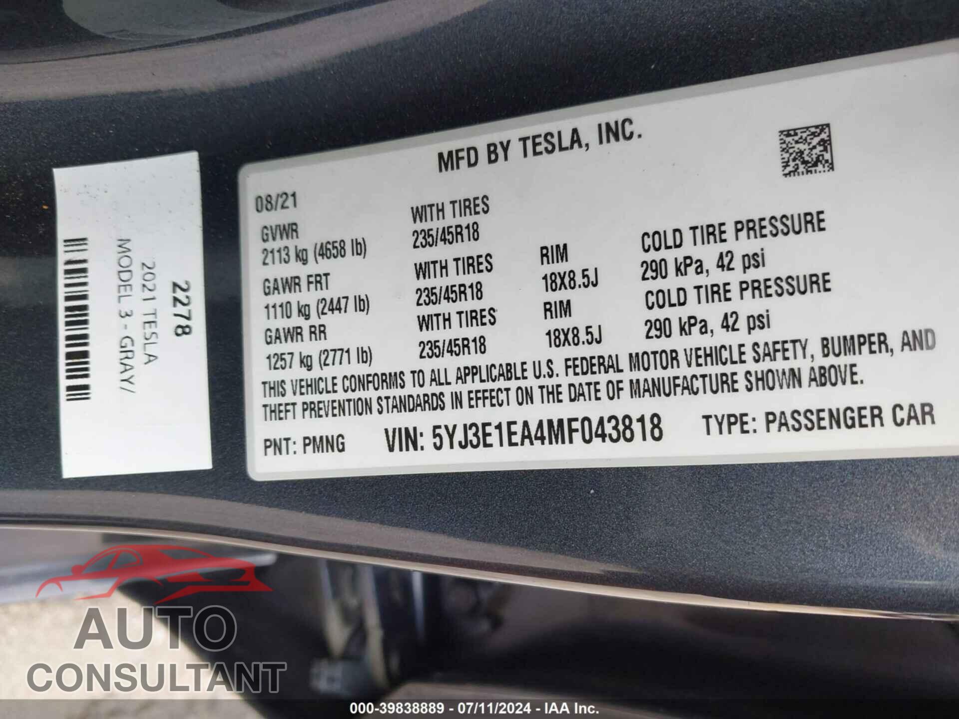 TESLA MODEL 3 2021 - 5YJ3E1EA4MF043818
